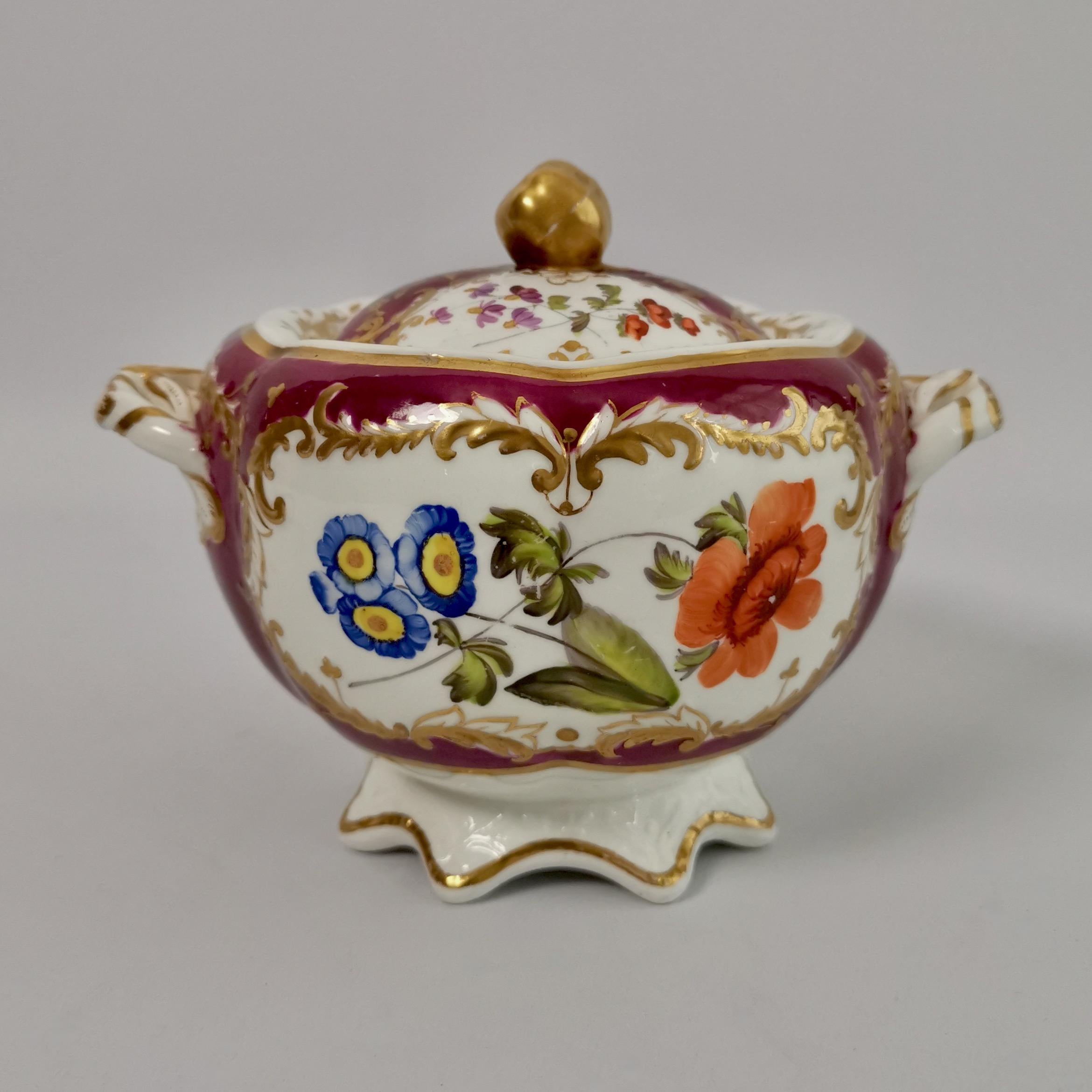 English Spode Felspar Porcelain Sucrier, Maroon with Flowers, Rococo Revival, circa 1830
