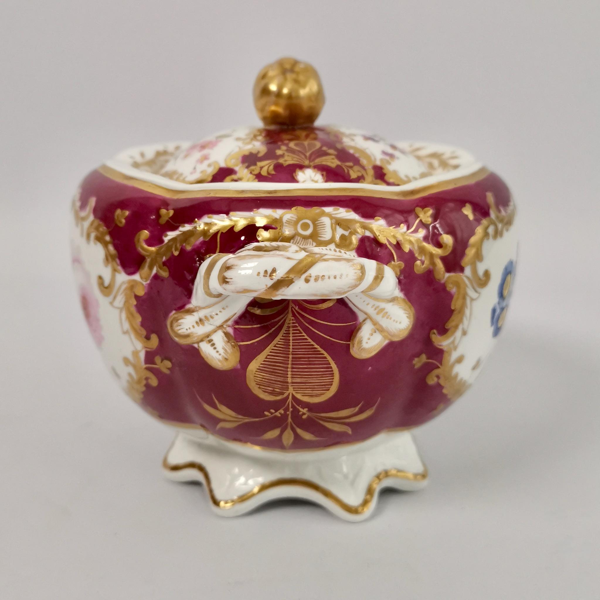 Hand-Painted Spode Felspar Porcelain Sucrier, Maroon with Flowers, Rococo Revival, circa 1830