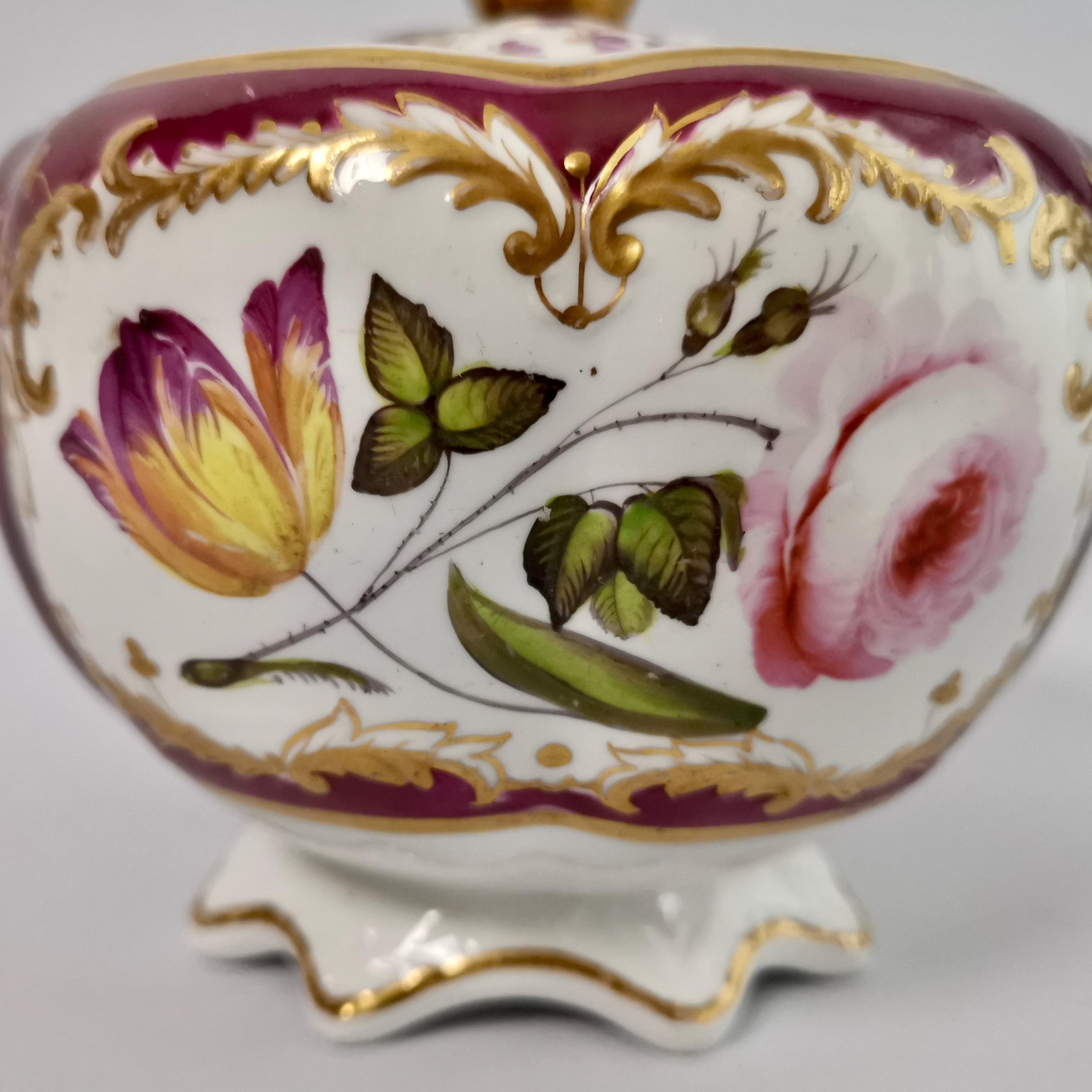 Mid-19th Century Spode Felspar Porcelain Sucrier, Maroon with Flowers, Rococo Revival, circa 1830