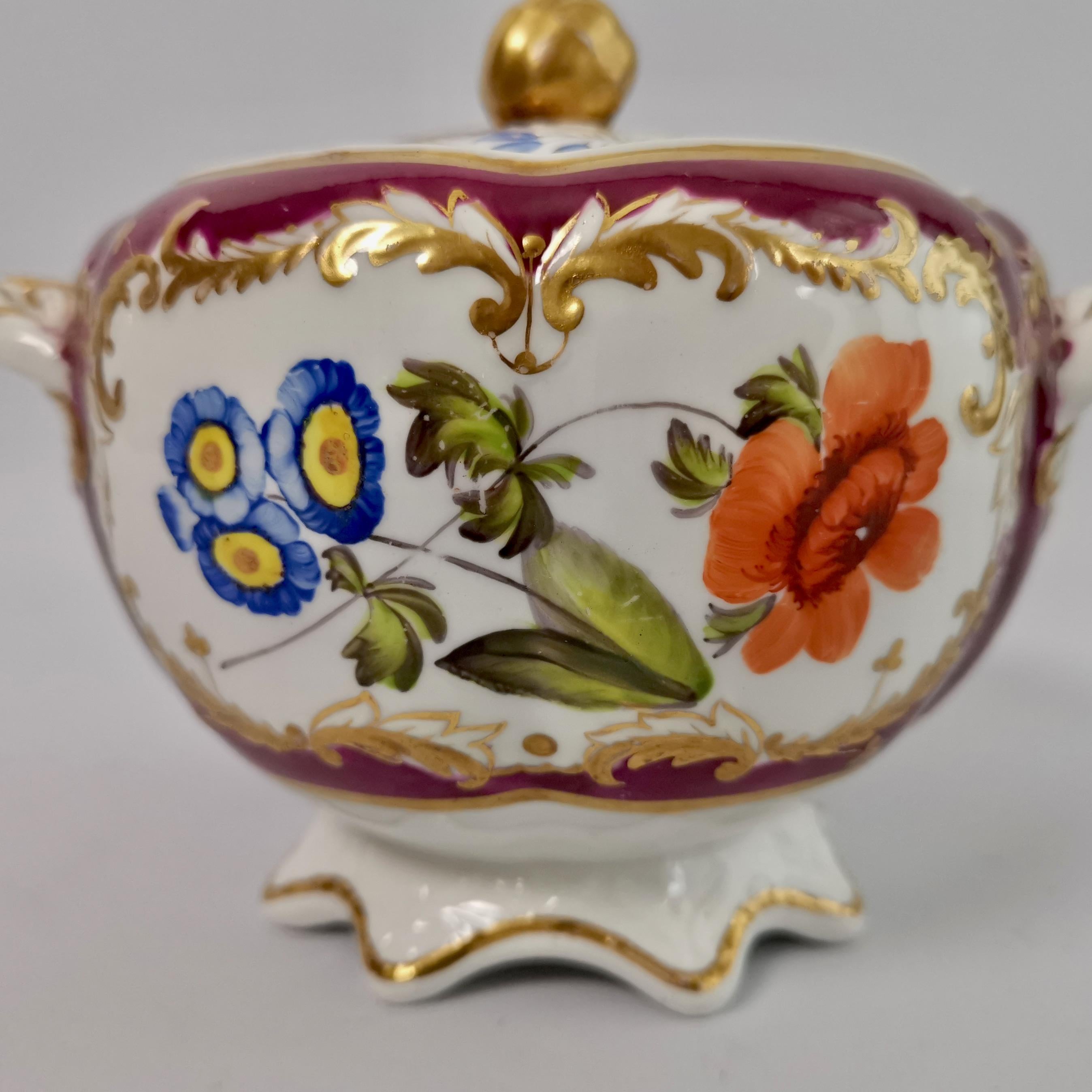 Spode Felspar Porcelain Sucrier, Maroon with Flowers, Rococo Revival, circa 1830 1
