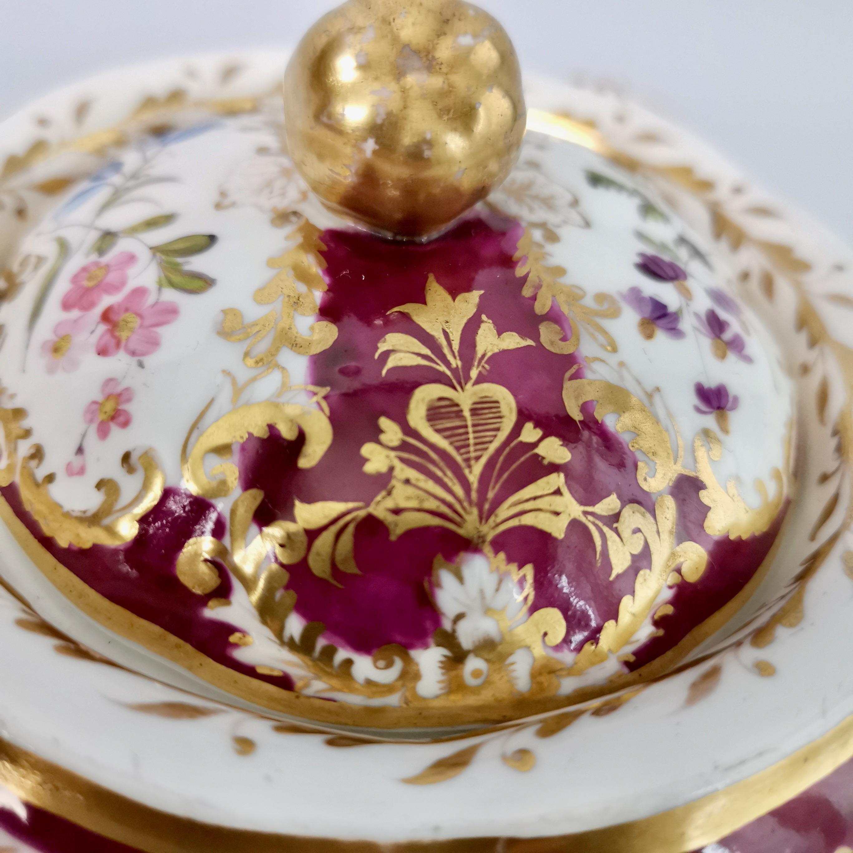 Spode Felspar Porcelain Sucrier, Maroon with Flowers, Rococo Revival, circa 1830 2