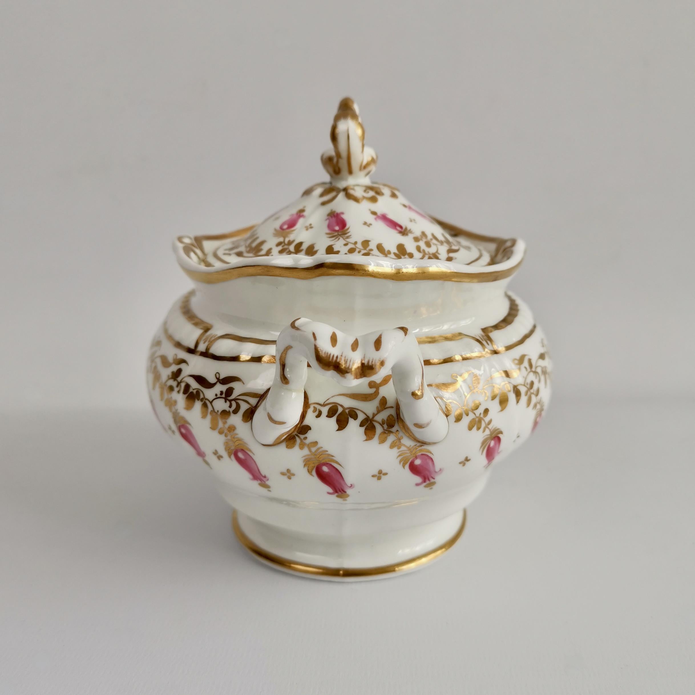 Rococo Revival Spode Felspar Porcelain Sucrier, White, Gilt and Pink Harebells, circa 1828