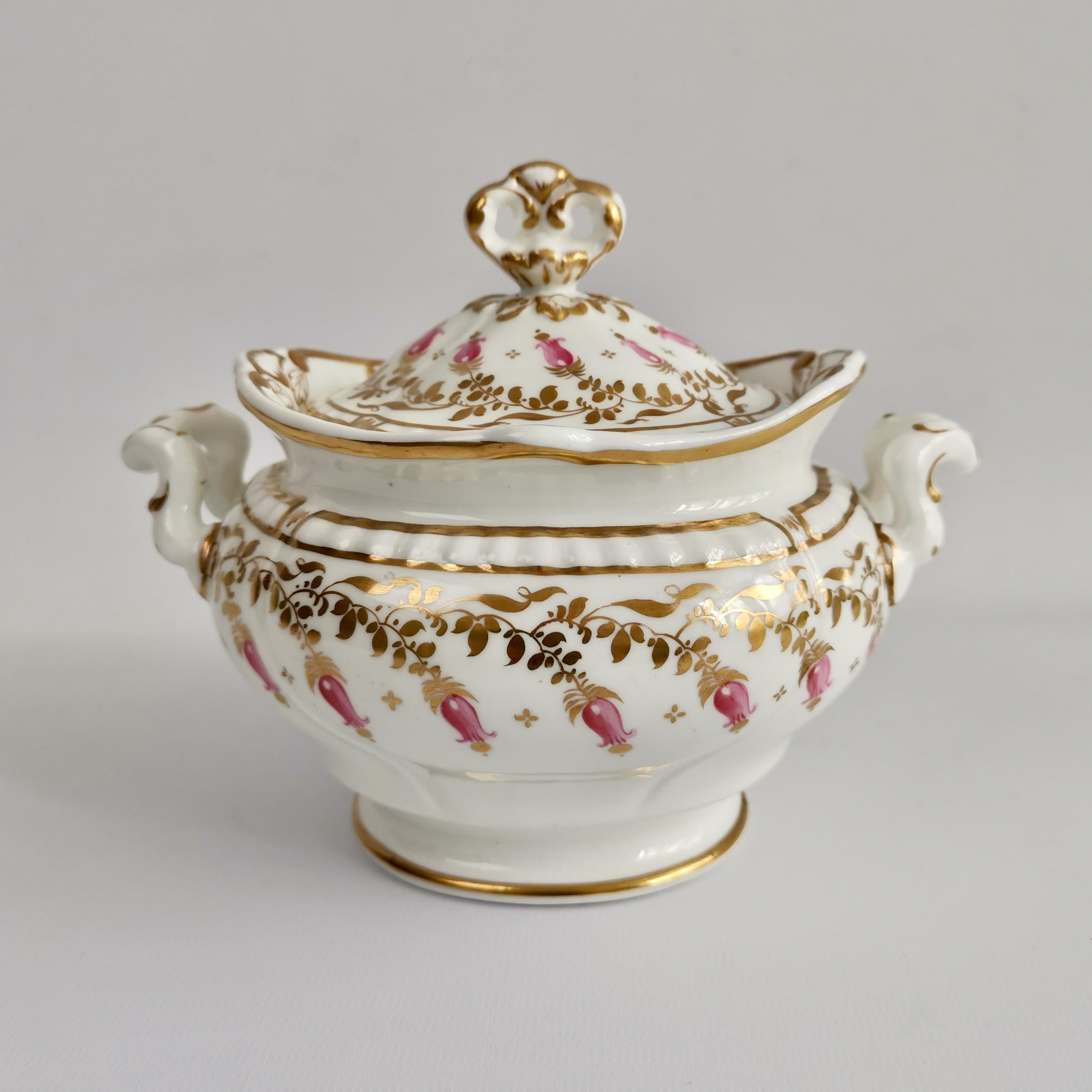 English Spode Felspar Porcelain Sucrier, White, Gilt and Pink Harebells, circa 1828