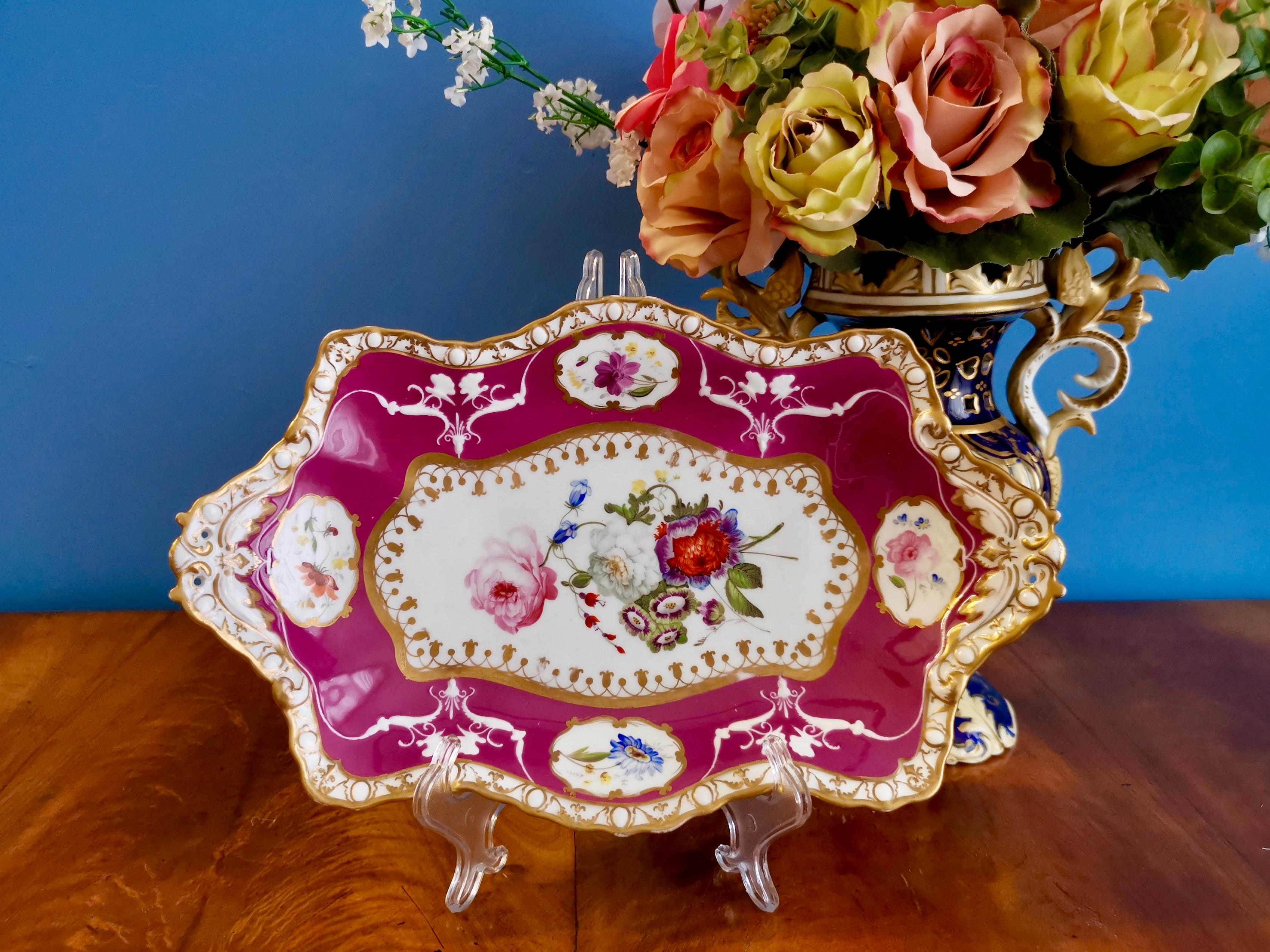 This is a stunning dessert serving dish made by Spode in 1831. 

Spode was the great pioneer among the Georgian potters in England. Around the year 1800 he perfected the bone china recipe that has been used by British potters ever since, and he