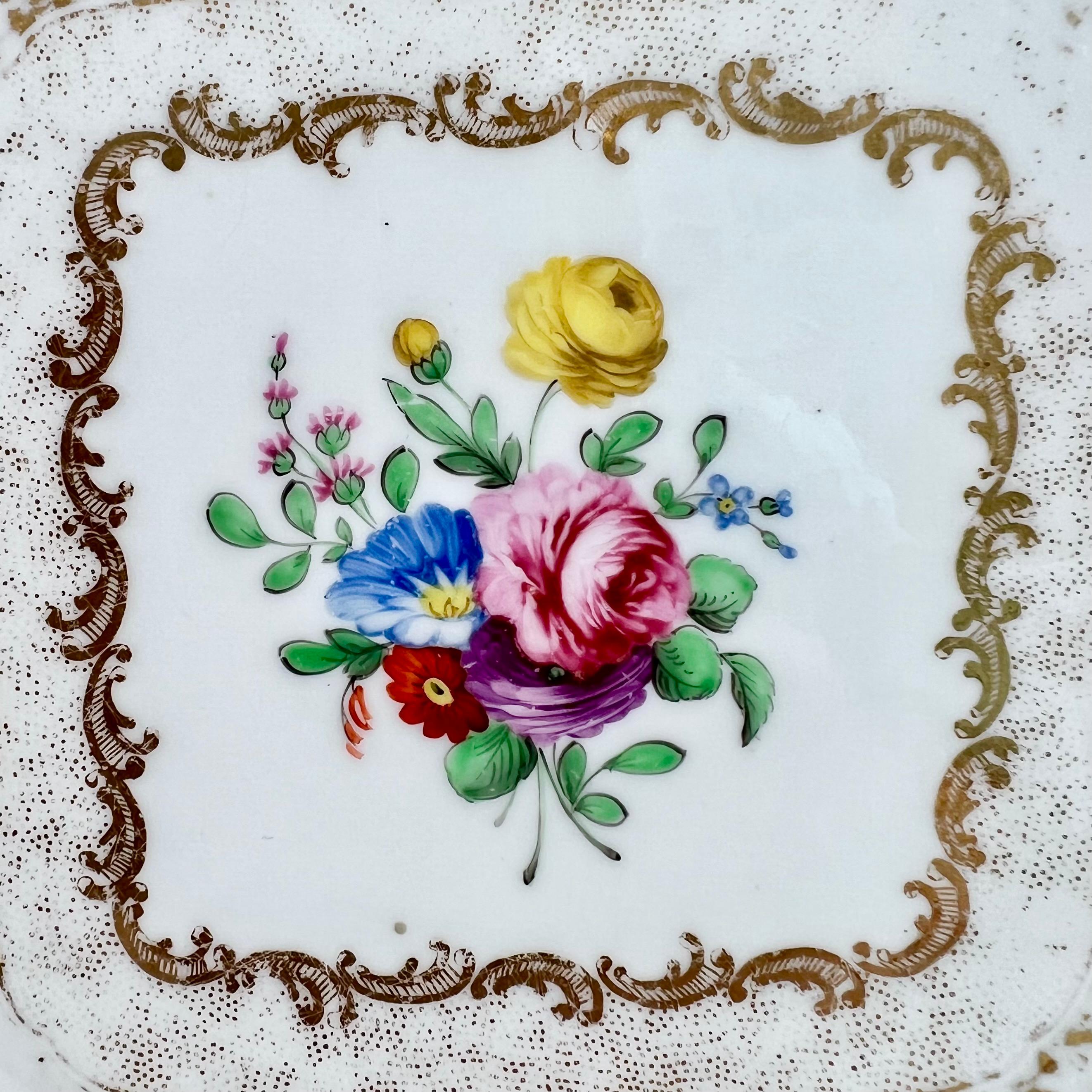 Hand-Painted Spode Felspar Square Dessert Plate, Gilt and Flowers, Regency 1824