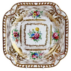 Spode Felspar Square Dessert Plate, Gilt and Flowers, Regency 1824