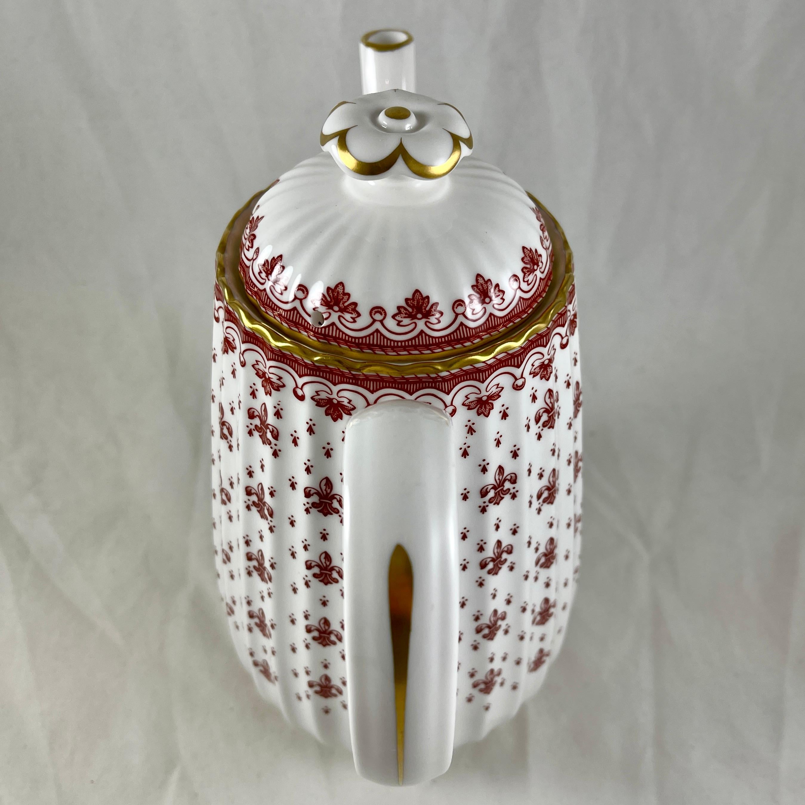 Molded Spode Fleur de Lys Red & Gold Bone China Fluted Chelsea Coffee Pot For Sale