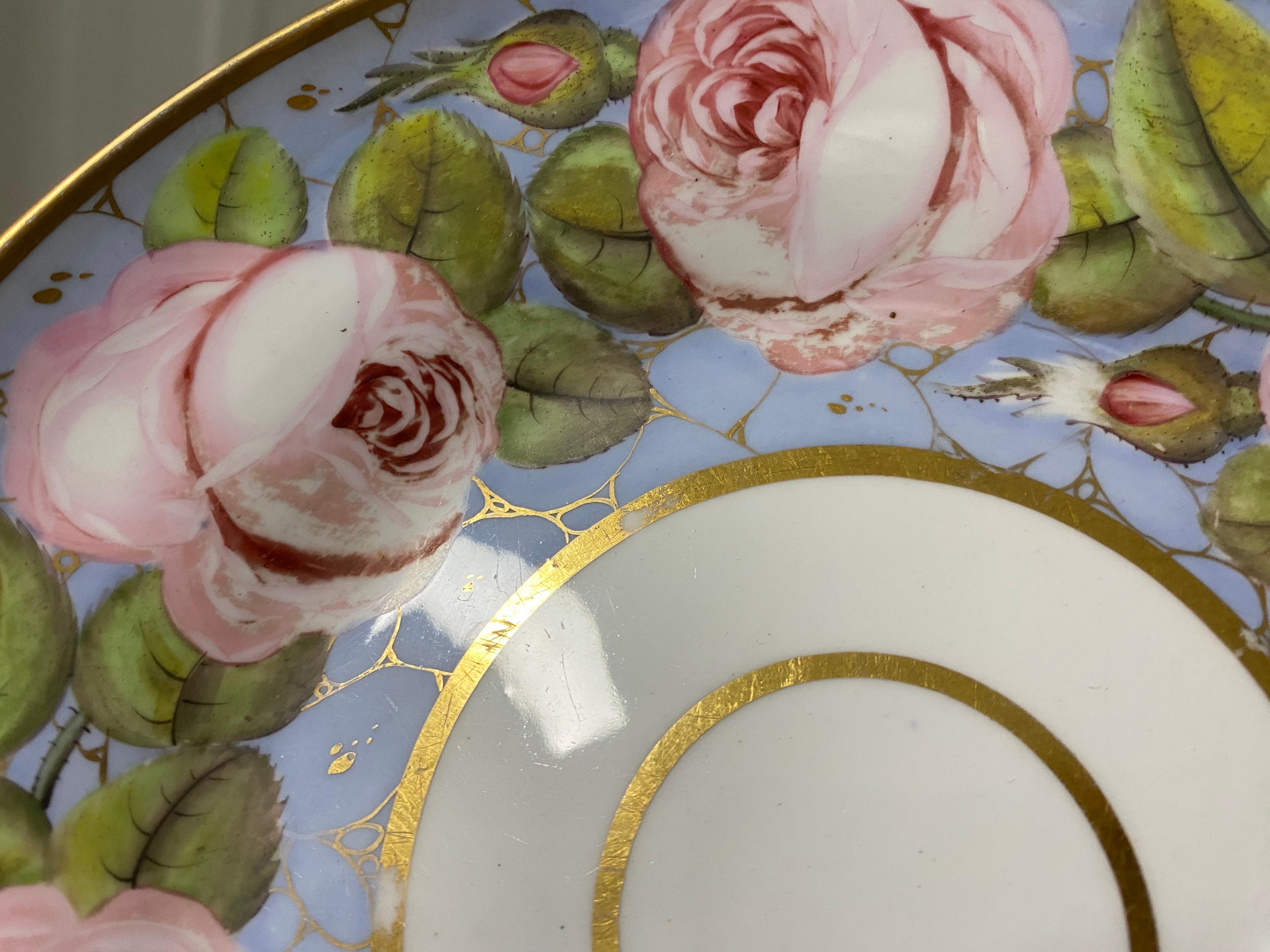 Spode Porcelain Hand-painted Rose Plate, English, 19th Century
Marked underside 2/183 in yellow
From a Private Collection in Manhattan.
Good overall condition, minor losses, hairline crack shown backside.

8.5