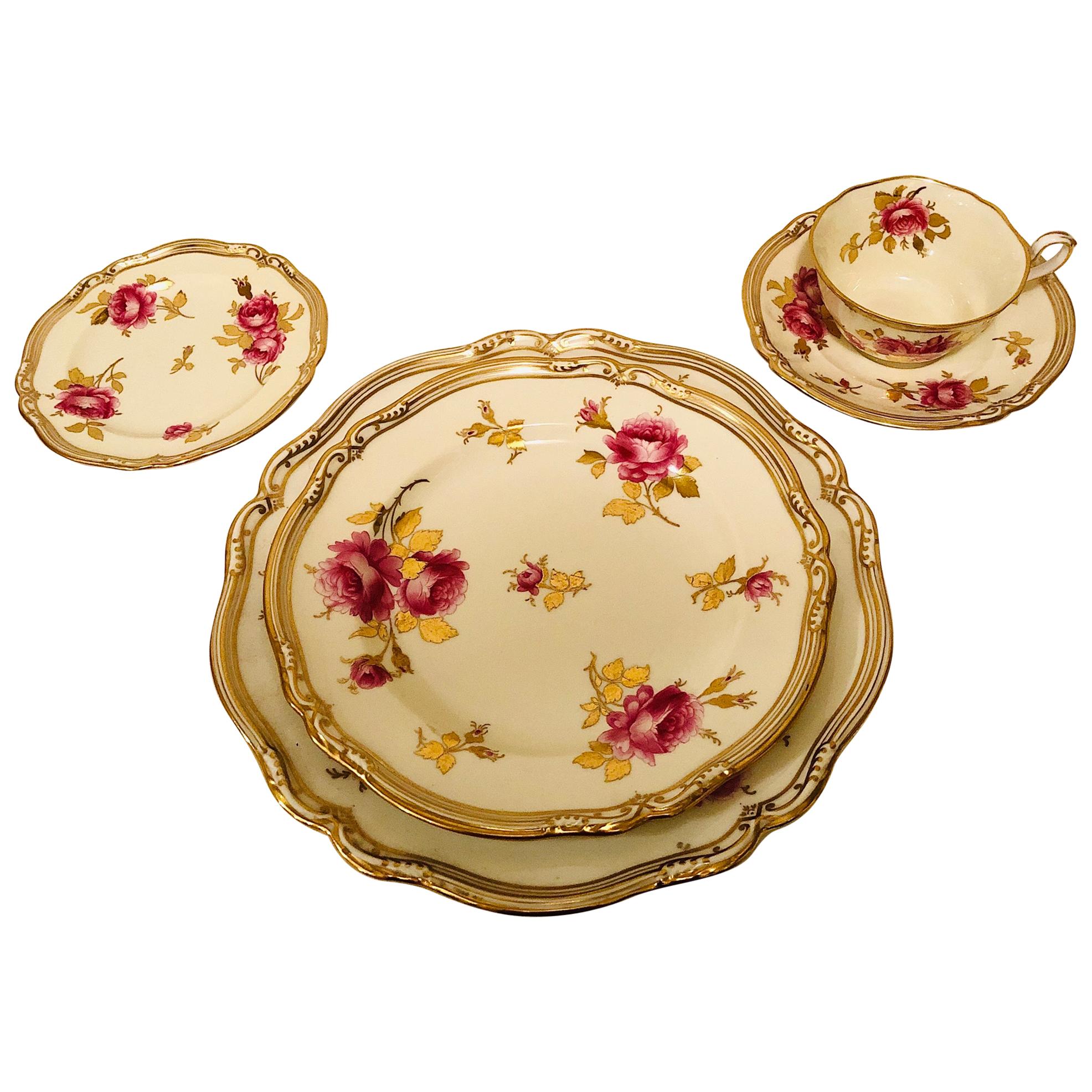 We want to offer you this Spode made exclusively for Tiffany & Co 66 piece dinner service painted with pink vibrant roses. This set is in great condition, as it looks like it had hardly been used. This dinner service includes 14 dinner plates-10.75