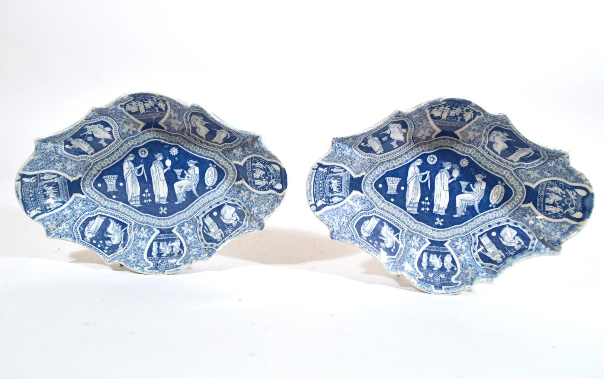 XIXe siècle Plats à dessert ovales Spode néoclassiques à motif grec bleu en vente