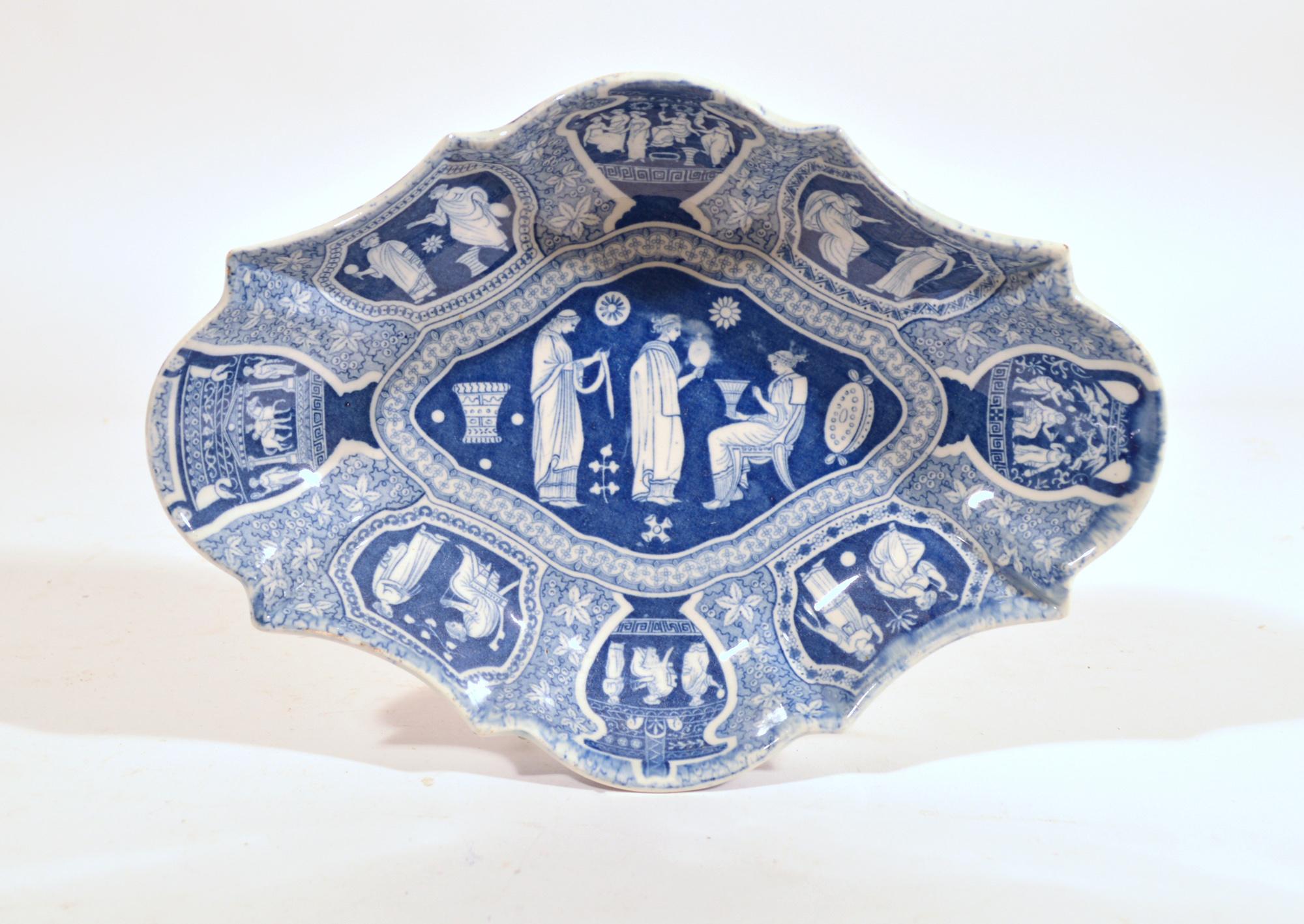 Pearlware Spode Neo-Classical Greek Pattern Blue Oval Dessert Dishes For Sale