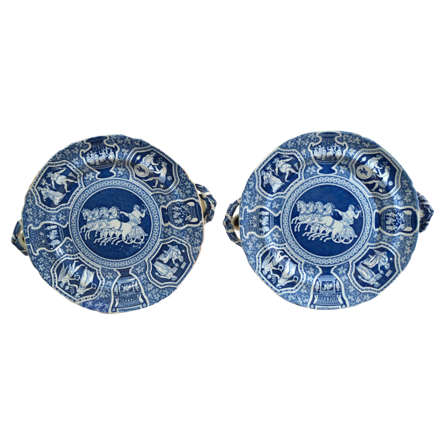 Spode Neo-classical Greek Pattern Blue Printed Hot Water Dishes