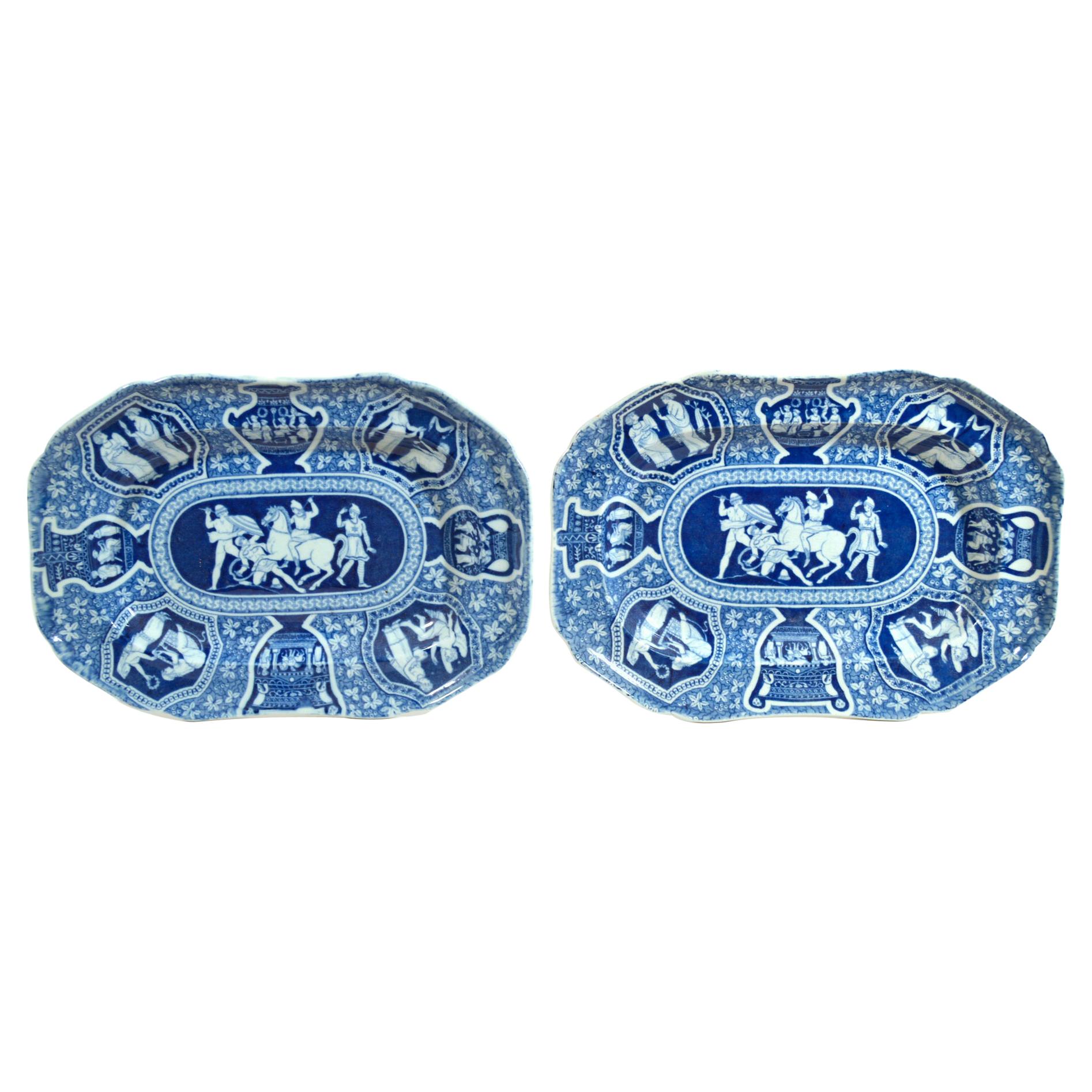 Plats à dessert rectangulaires bleus Spode à motif grec néoclassique