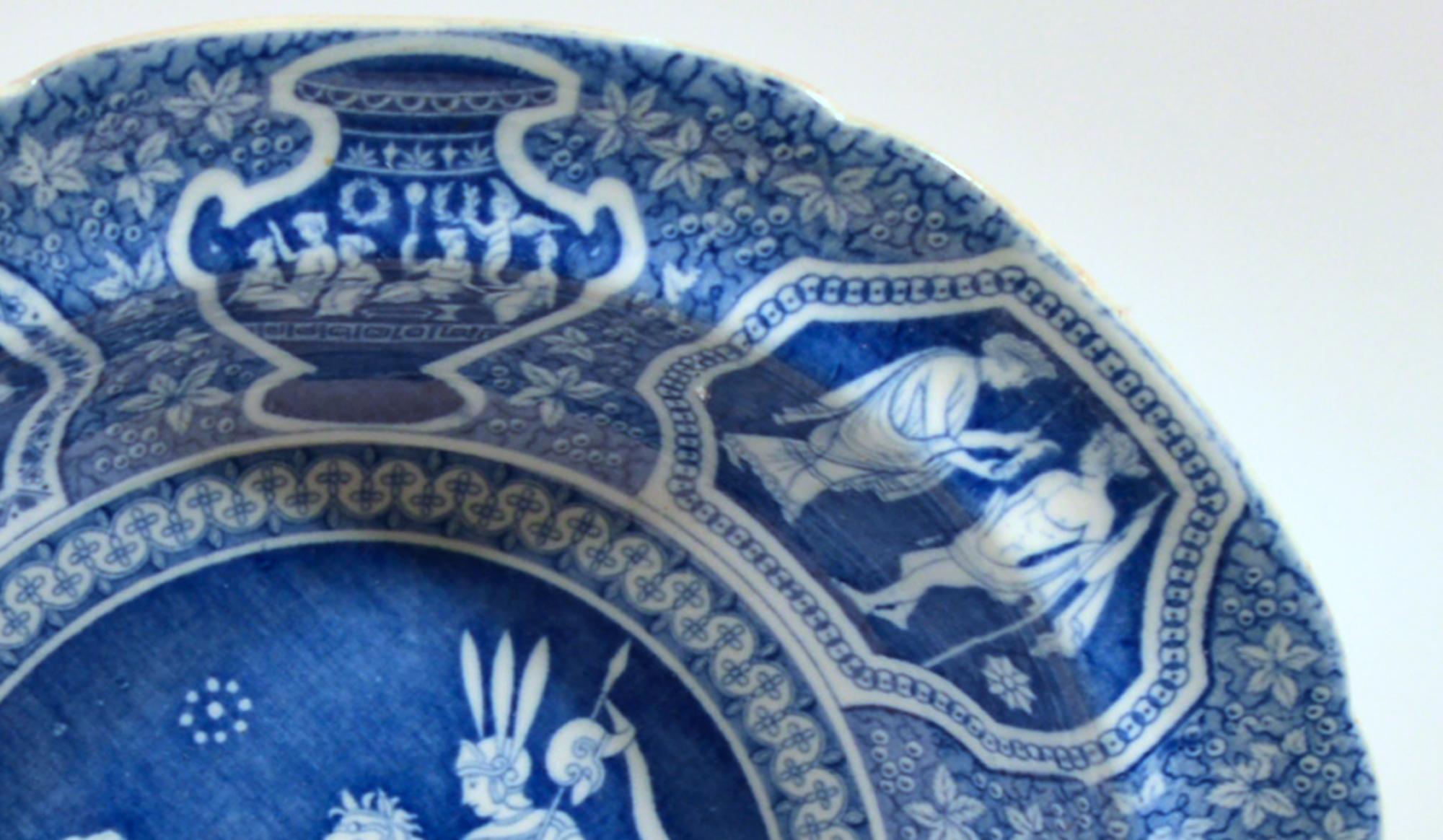 19th Century Spode Neo-classical Greek Pattern Blue Soup Plates- Set of Ten For Sale