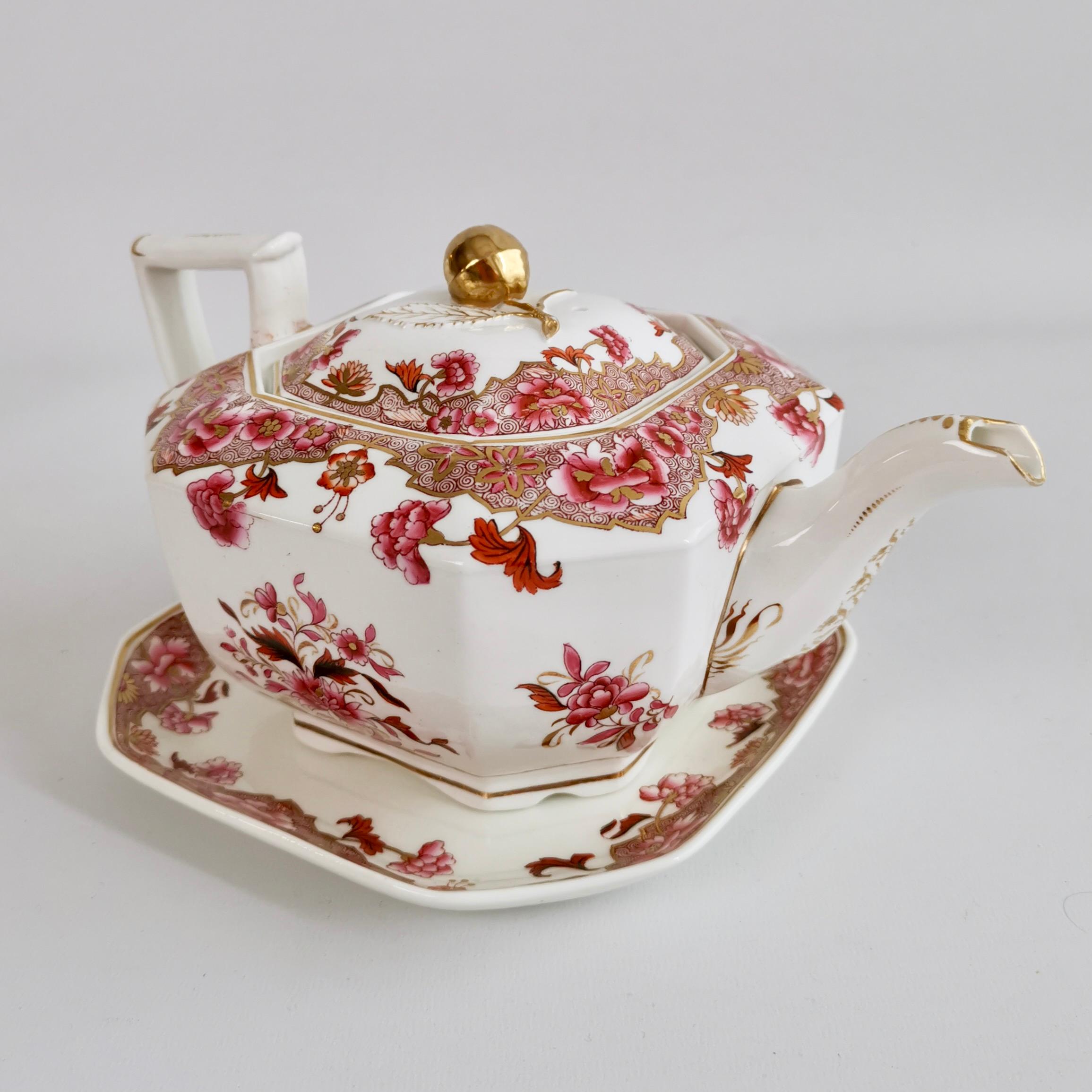 Spode Octagon Teapot on Stand, Felspar with Pink Chinoiserie, Regency 1821-1825 3