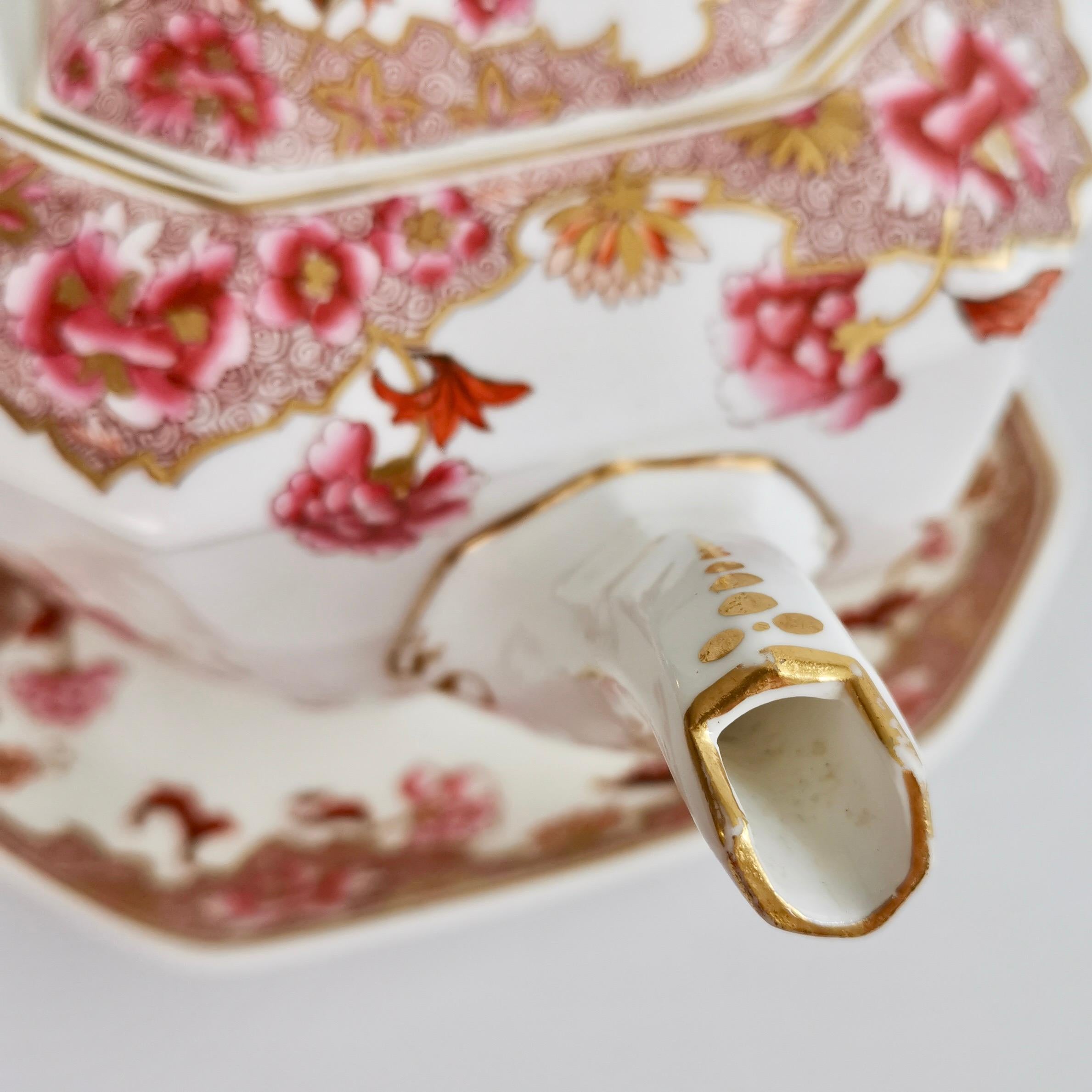 Spode Octagon Teapot on Stand, Felspar with Pink Chinoiserie, Regency 1821-1825 8