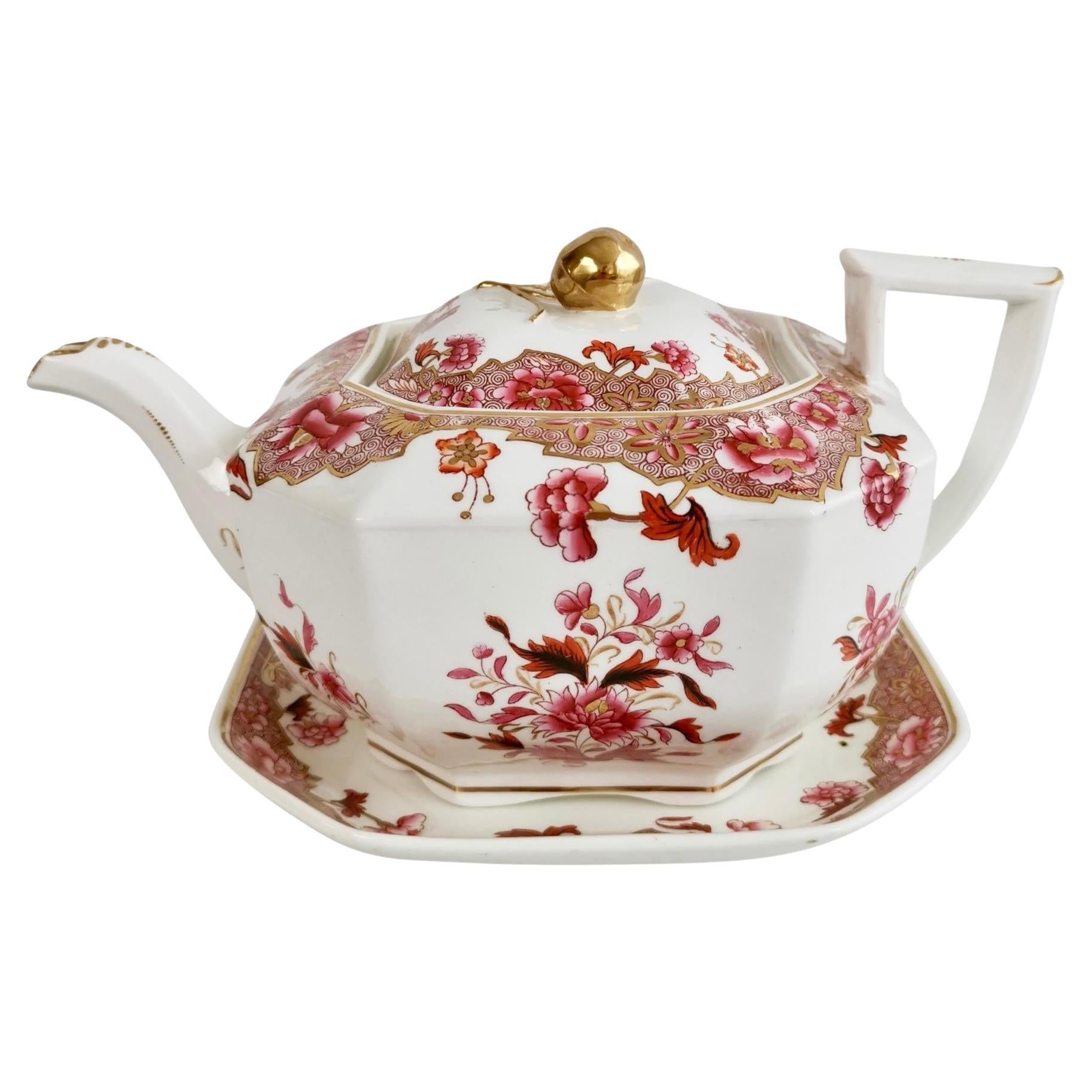 Spode Octagon Teapot on Stand, Felspar with Pink Chinoiserie, Regency 1821-1825