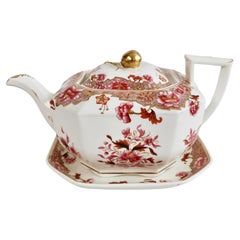 Antique Spode Octagon Teapot on Stand, Felspar with Pink Chinoiserie, Regency 1821-1825