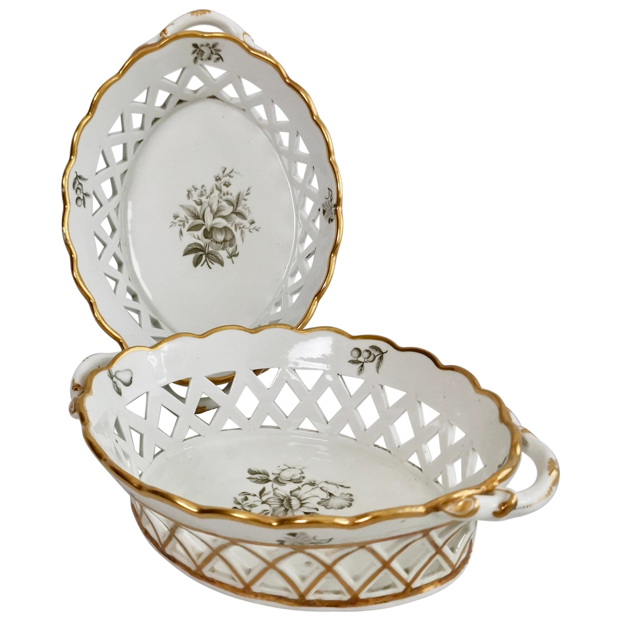 Spode Pair of Porcelain Bread Baskets, White with Bat Printed Flowers, ca 1810