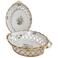 Antique Spode Pair of Porcelain Bread Baskets, White with Bat Printed Flowers, ca 1810