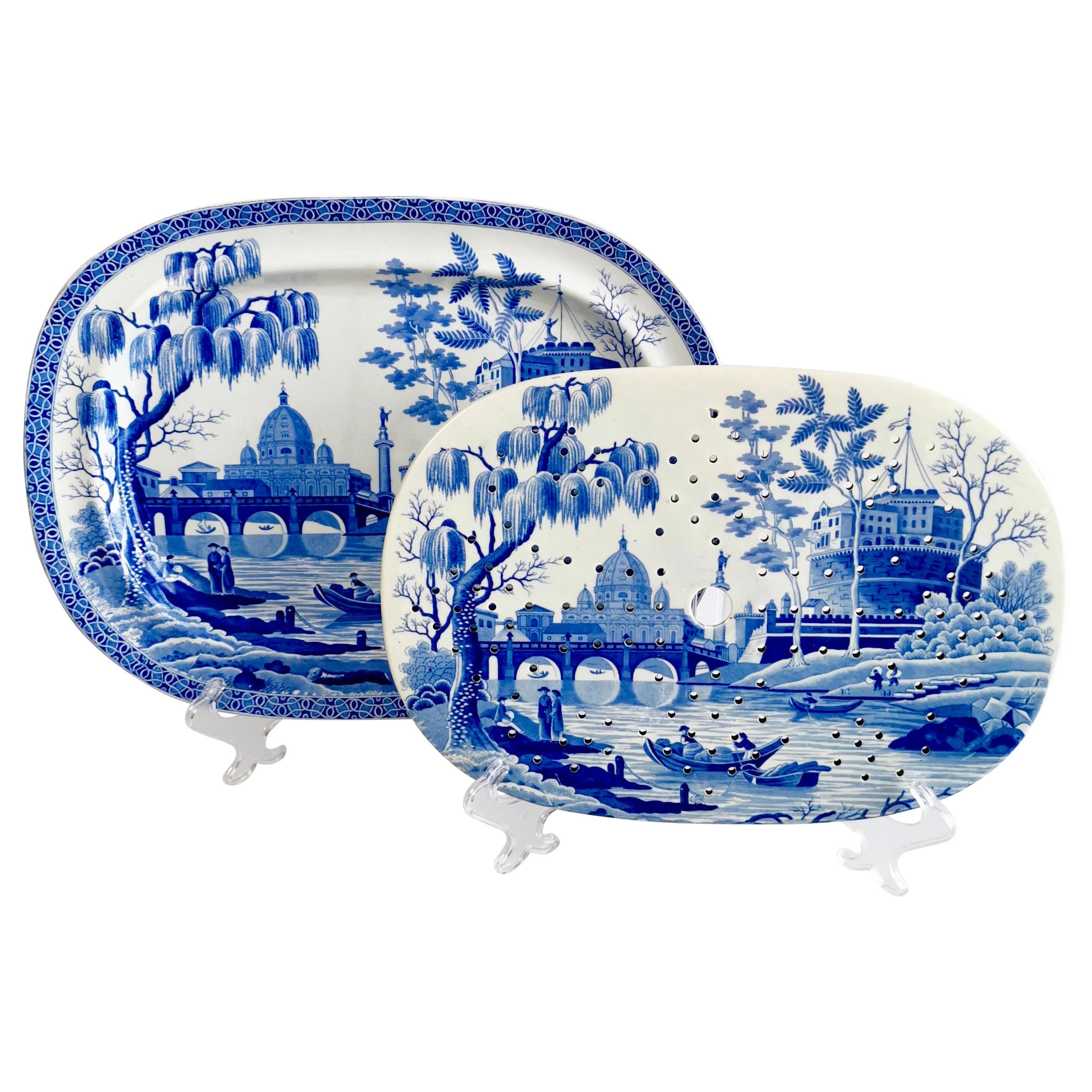 Spode Pearlware Meat Platter and Drainer, "Tiber" Blue & White Regency 1811-1833