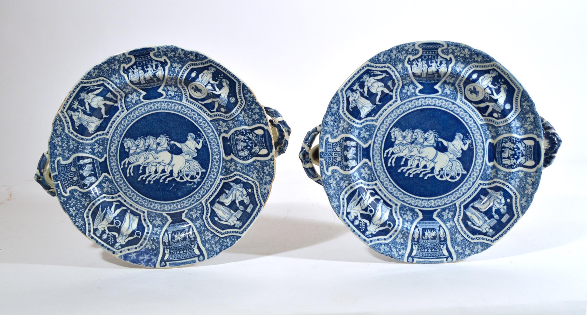 Spode Neo-classical Greek pattern blue printed hot water dishes,
Zeus in his Chariot,
A pair,
Early 19th century
(We have five in all-two pairs and a single)

The Spode pottery underglaze blue central pattern shows Zeus (Jupiter) riding to