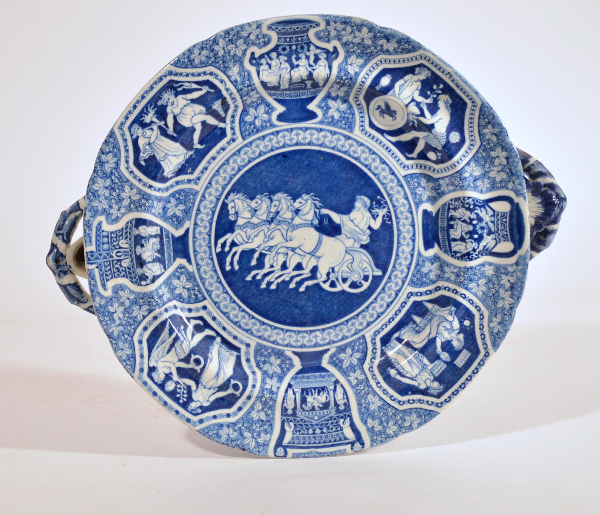 Neoclassical Spode Pearleware Greek Pattern Blue Printed Hot Water Dishes-Zeus in His Chariot For Sale