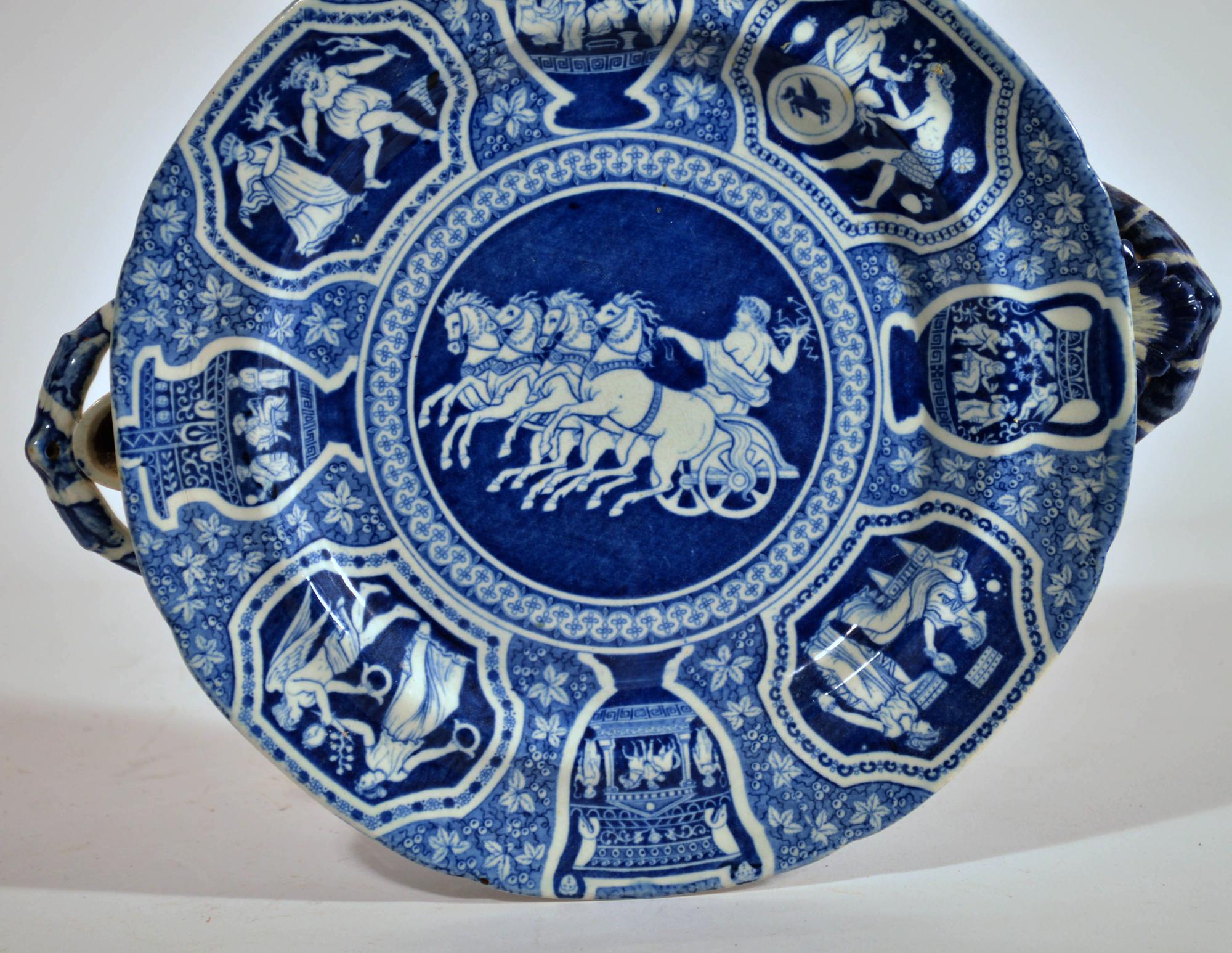 Spode Pearleware Greek Pattern Blue Printed Hot Water Dishes-Zeus in His Chariot In Good Condition For Sale In Downingtown, PA