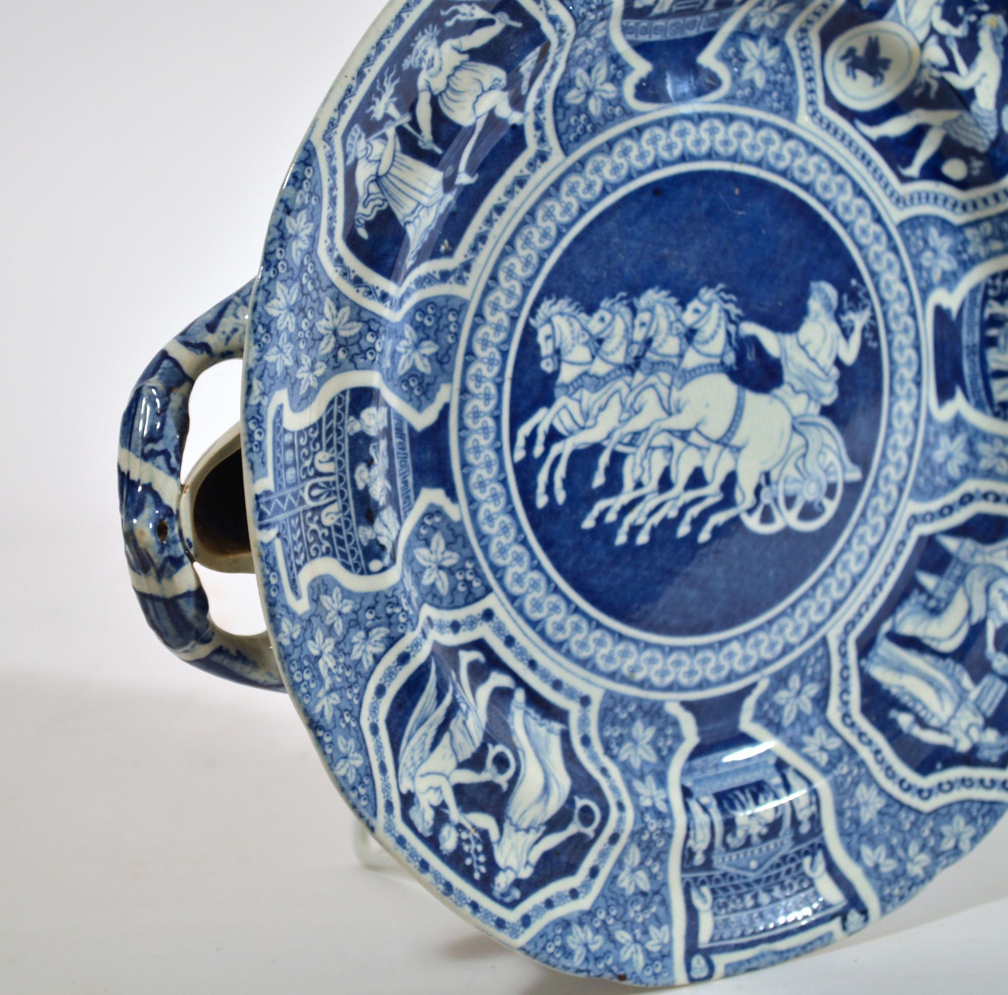 19th Century Spode Pearleware Greek Pattern Blue Printed Hot Water Dishes-Zeus in His Chariot For Sale