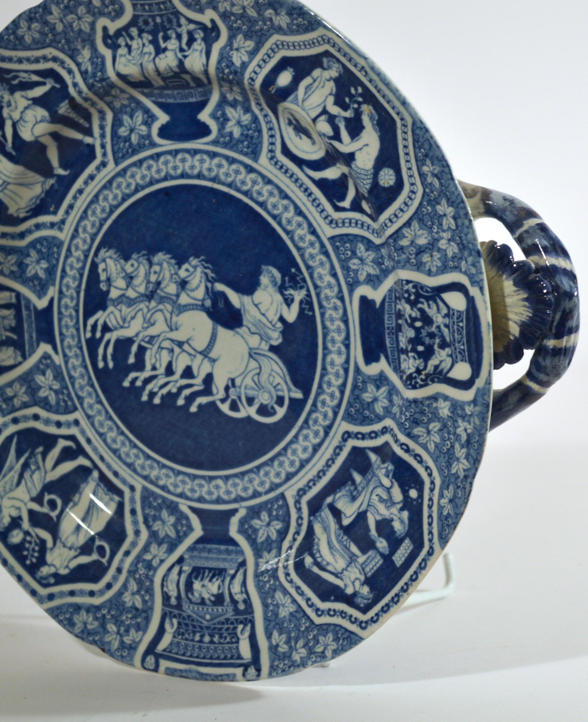 Spode Pearleware Griechisch Muster Blau gedruckt Hot Water Dishes-Zeus in seinem Chariot (Perlenware) im Angebot