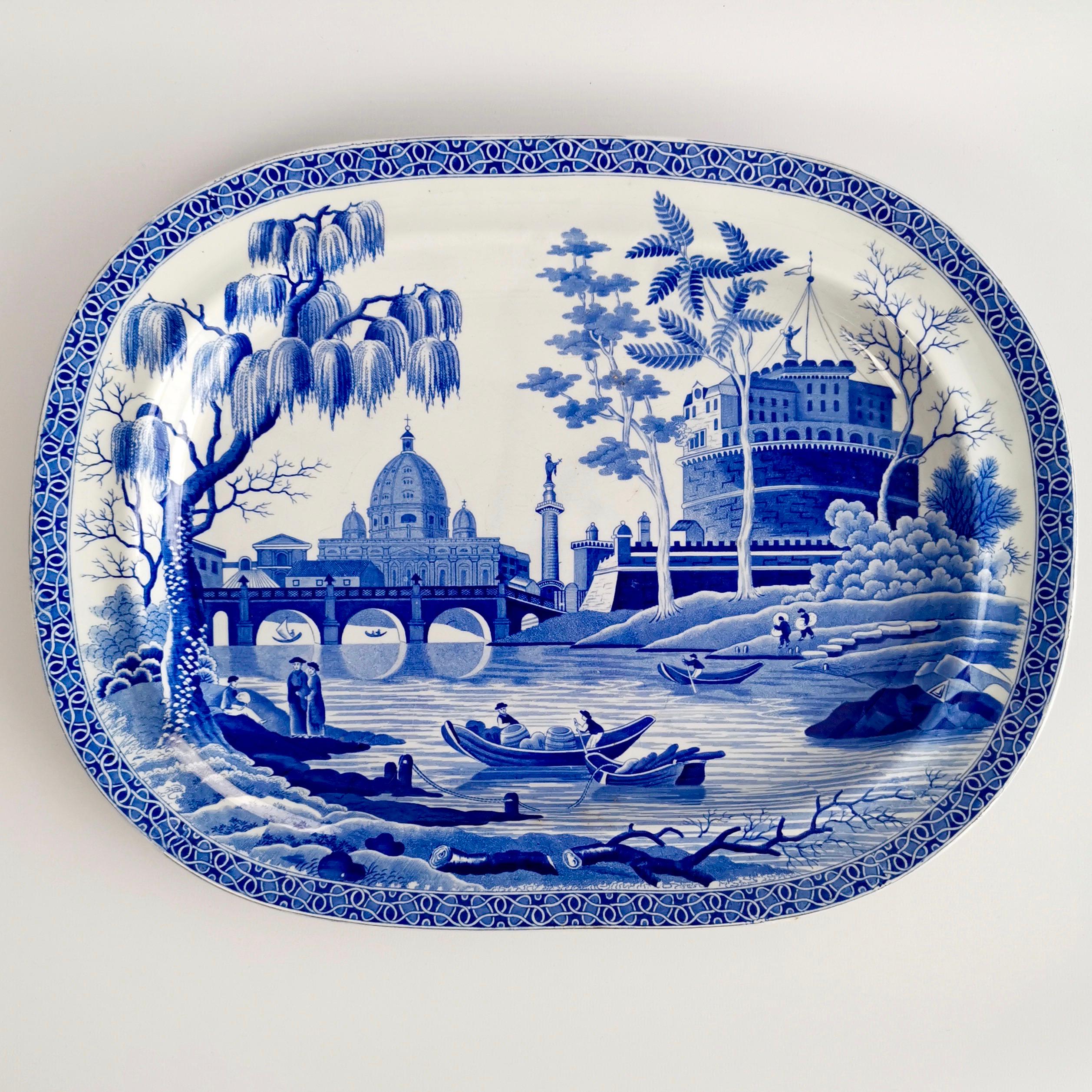 This is a beautiful meat platter with drainer made by Spode between 1811 and 1833. The items are made of pearlware and in immaculate condition. They are decorated with a superbly executed blue and white 
