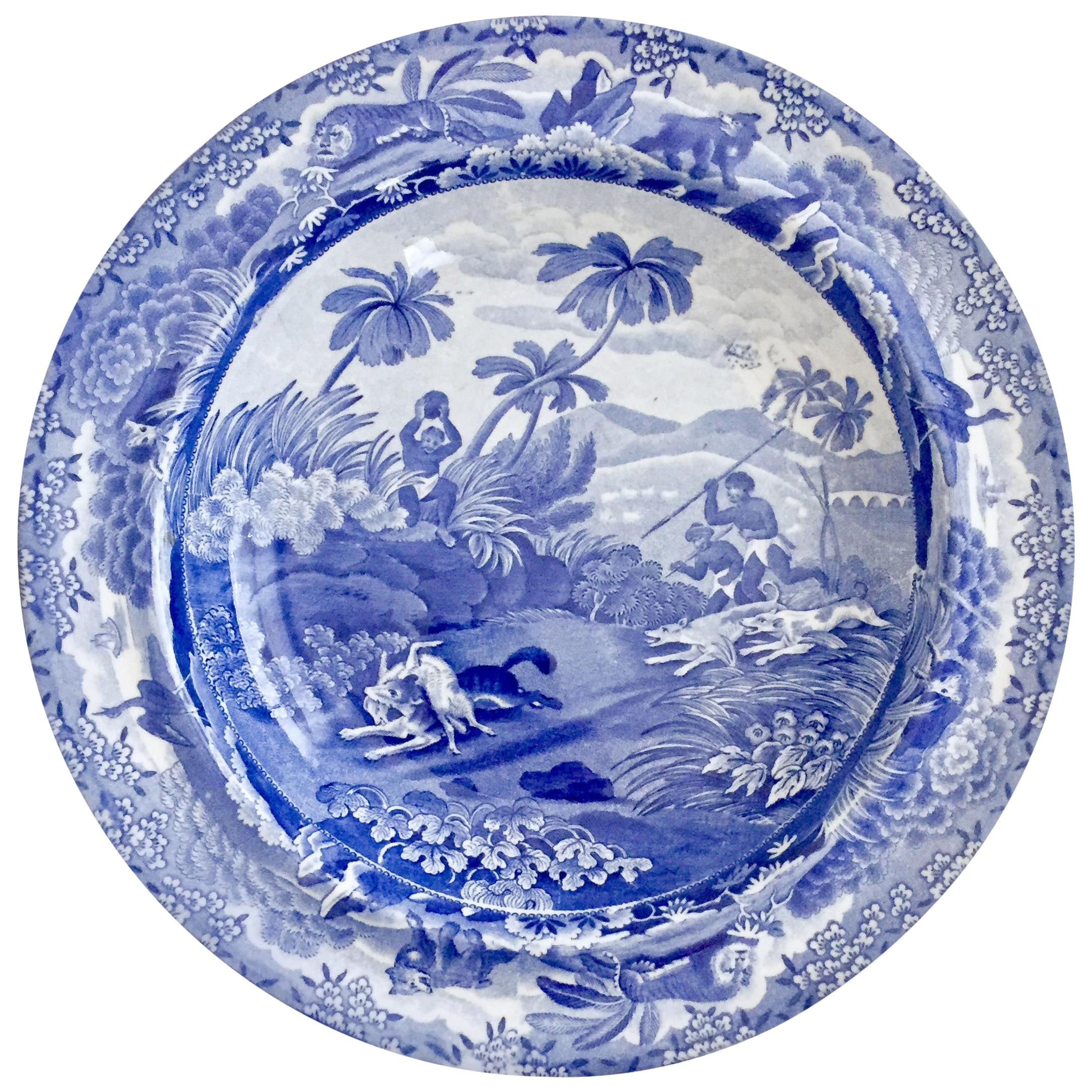 Spode Pearlware Soup Plate, Blue and White "Chase After A Wolf", 1815-1833