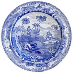 Antique Spode Pearlware Soup Plate, Blue and White "Chase After A Wolf", 1815-1833