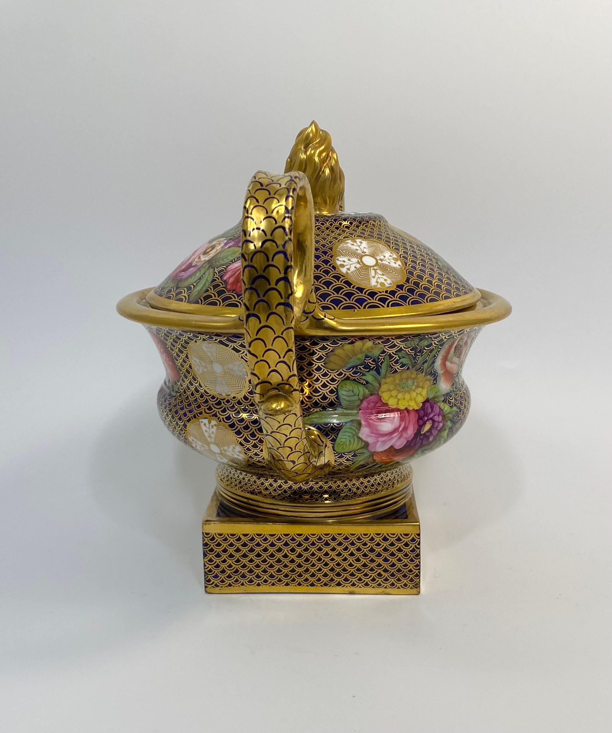 An exceptionally fine and rare Spode porcelain pot pourri, and cover, c. 1820. The ‘Krater’ shaped vase, having large ring handles, and set upon a square pedestal foot. The whole, beautifully hand painted, and gilded in the ‘1166’ pattern, of
