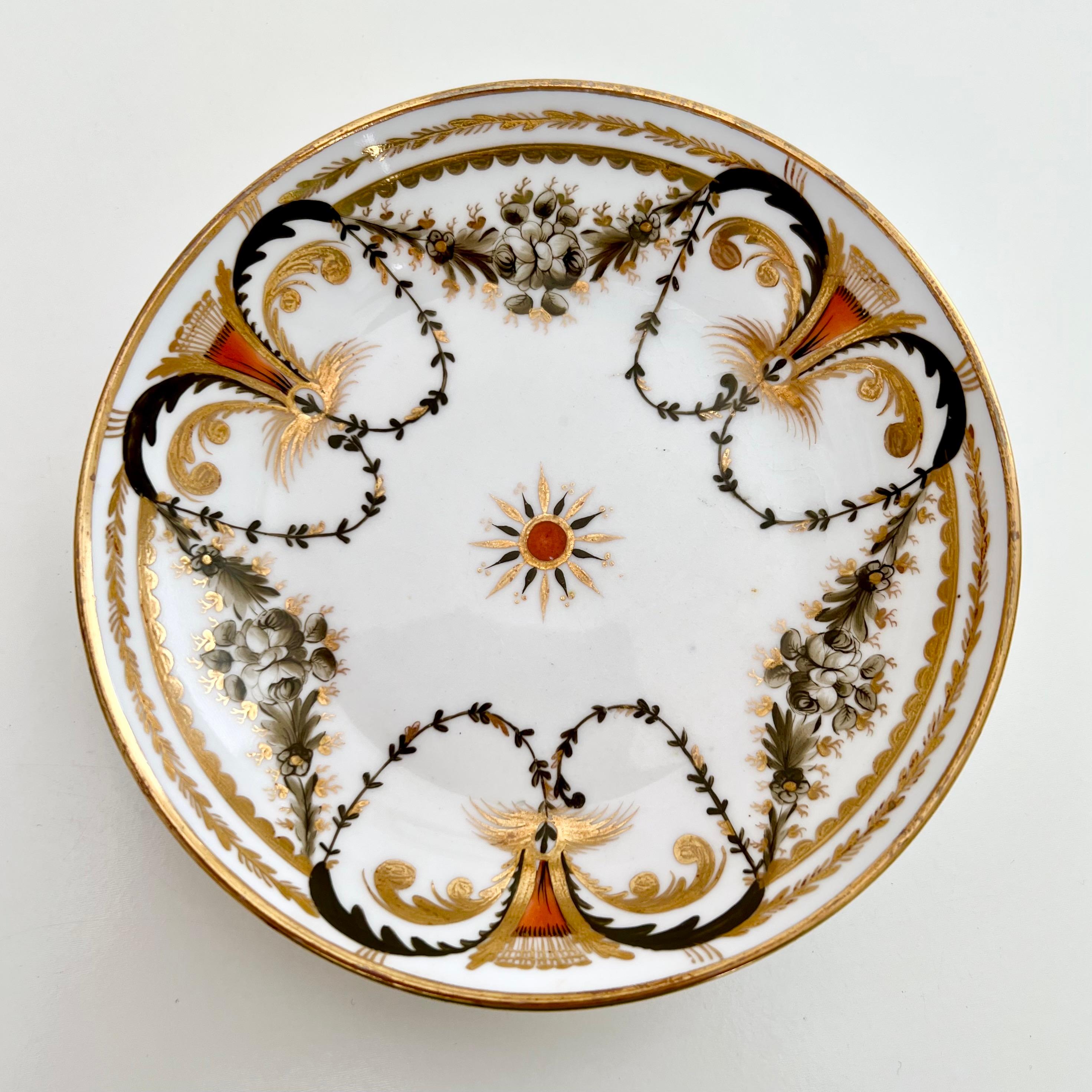 Hand-Painted Spode Porcelain Teacup, Neoclassical Garlands Red, Black, Gilt, Regency ca 1810