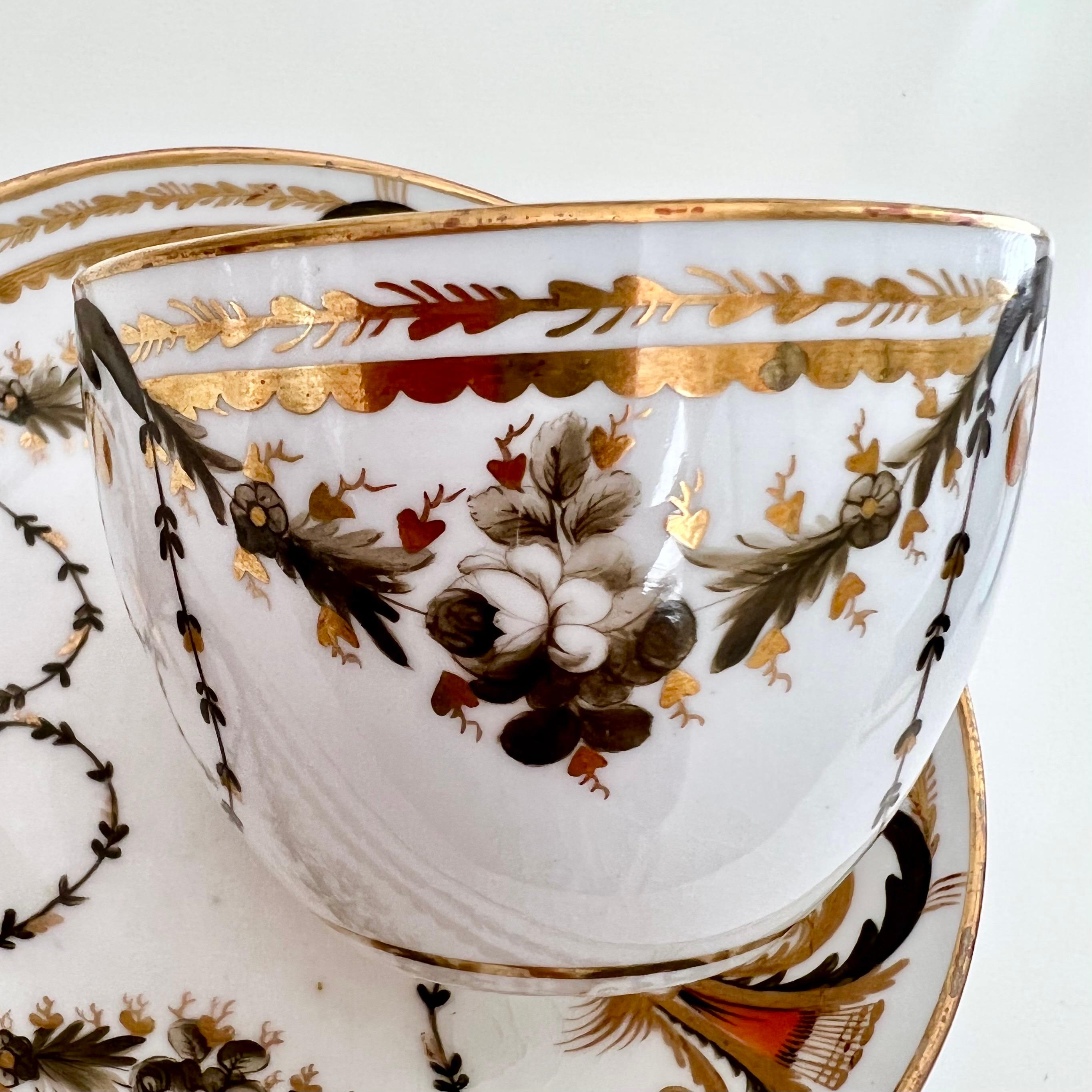 Spode Porcelain Teacup, Neoclassical Garlands Red, Black, Gilt, Regency ca 1810 1