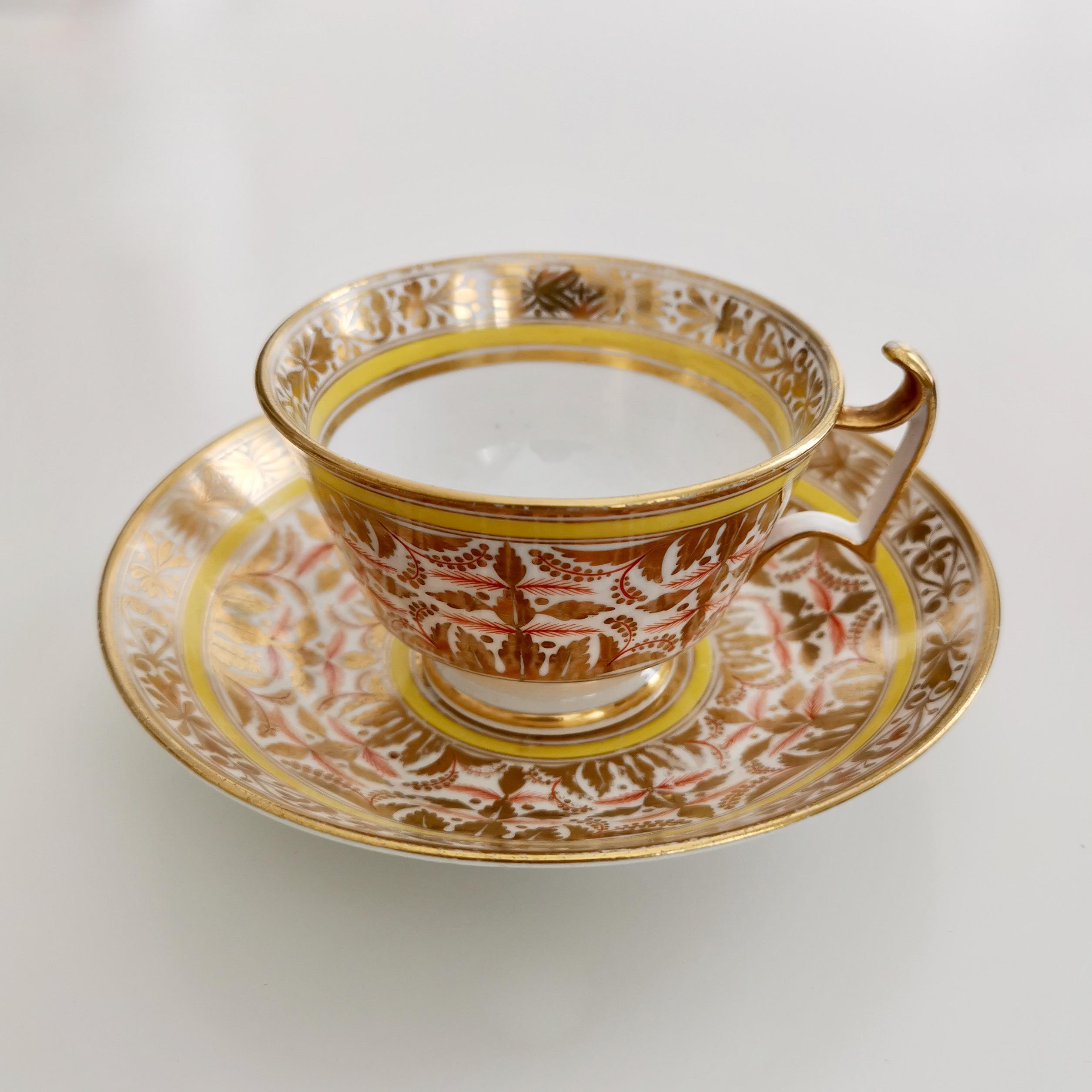 English Spode Porcelain Teacup Set, Gilt, Yellow and Red Regency Pattern, circa 1815