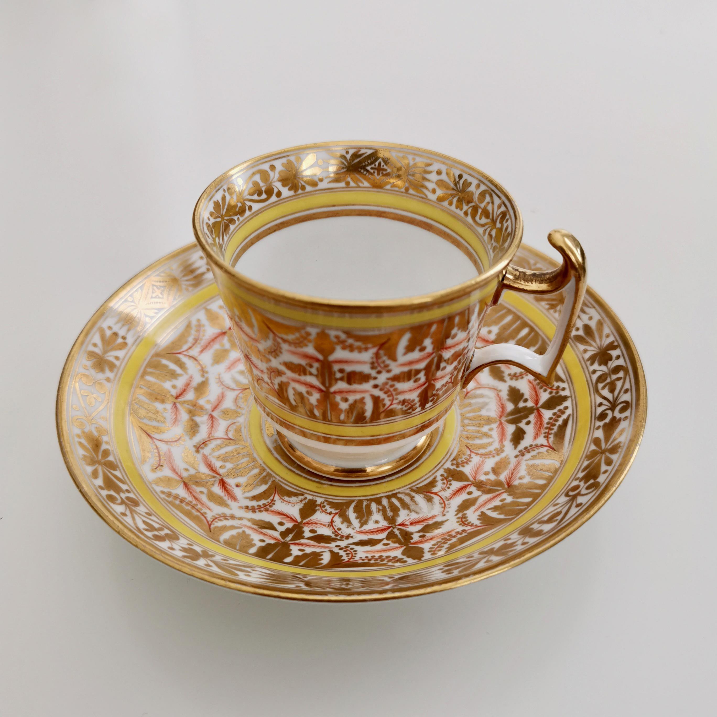 Hand-Painted Spode Porcelain Teacup Set, Gilt, Yellow and Red Regency Pattern, circa 1815