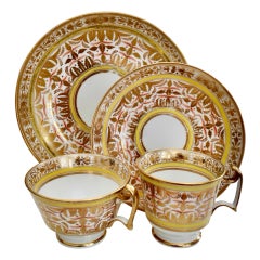 Antique Spode Porcelain Teacup Set, Gilt, Yellow and Red Regency Pattern, circa 1815