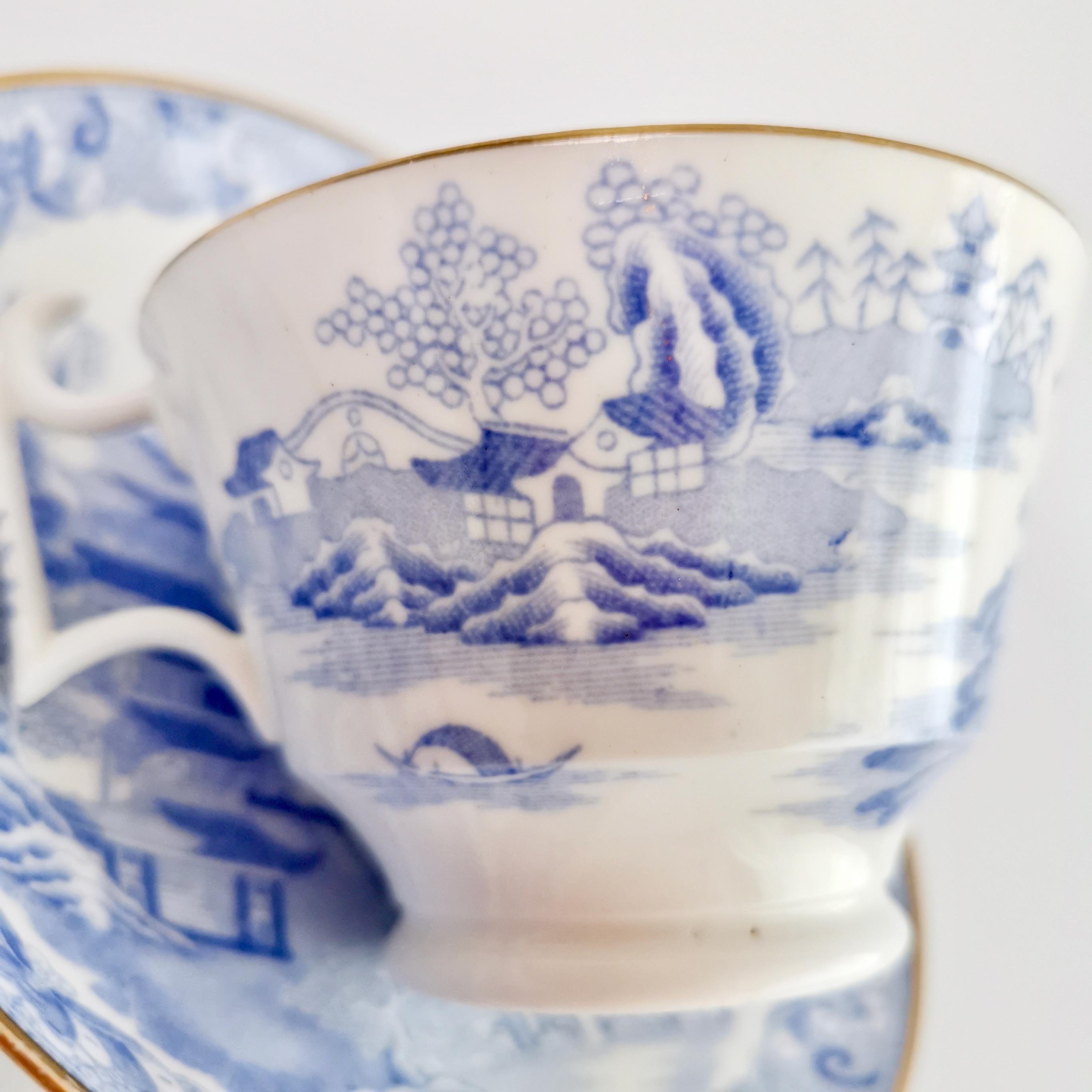 Spode Porcelain Teacup Trio, Brosely Pagoda Blue and White Transfer, ca 1815 5