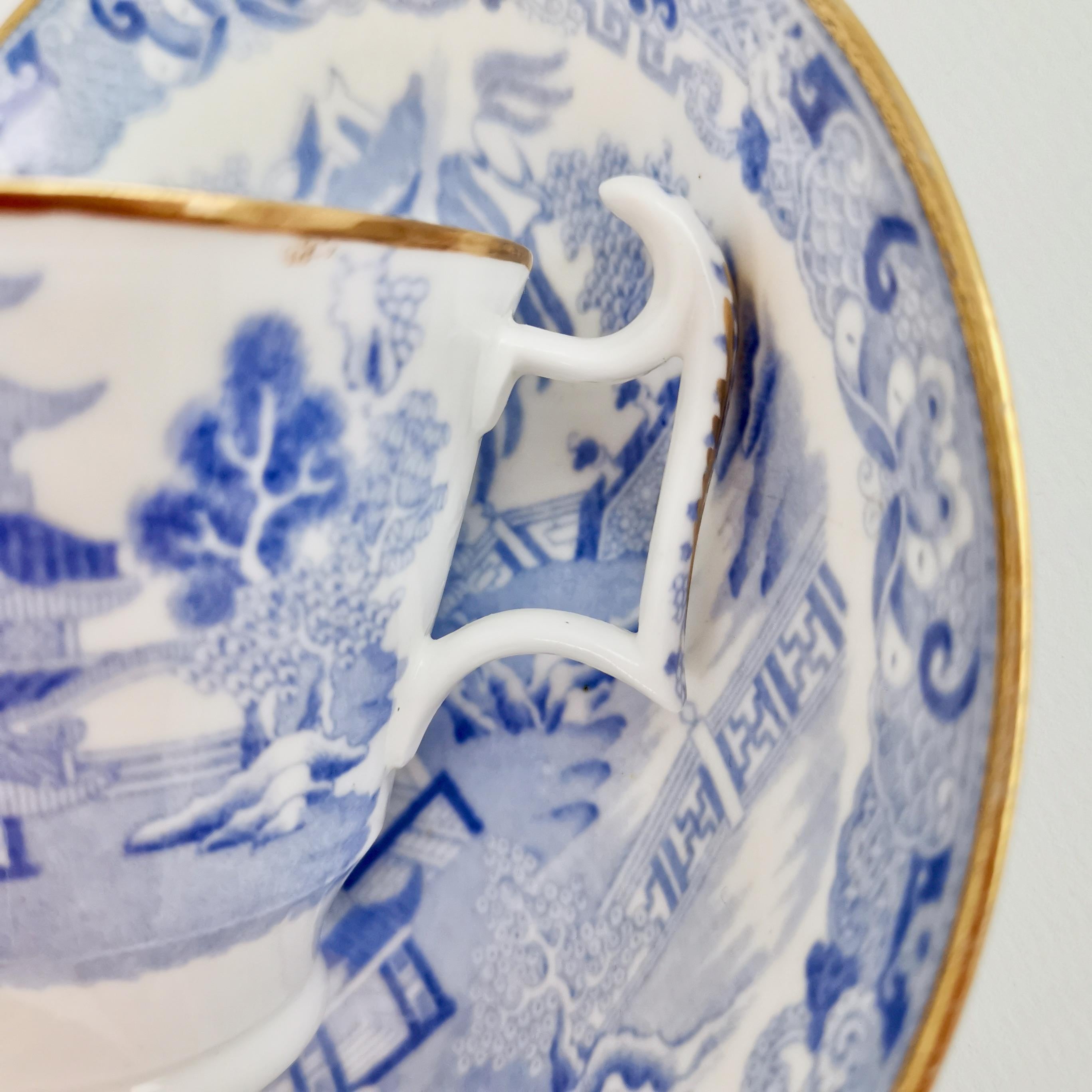 Spode Porcelain Teacup Trio, Brosely Pagoda Blue and White Transfer, ca 1815 6