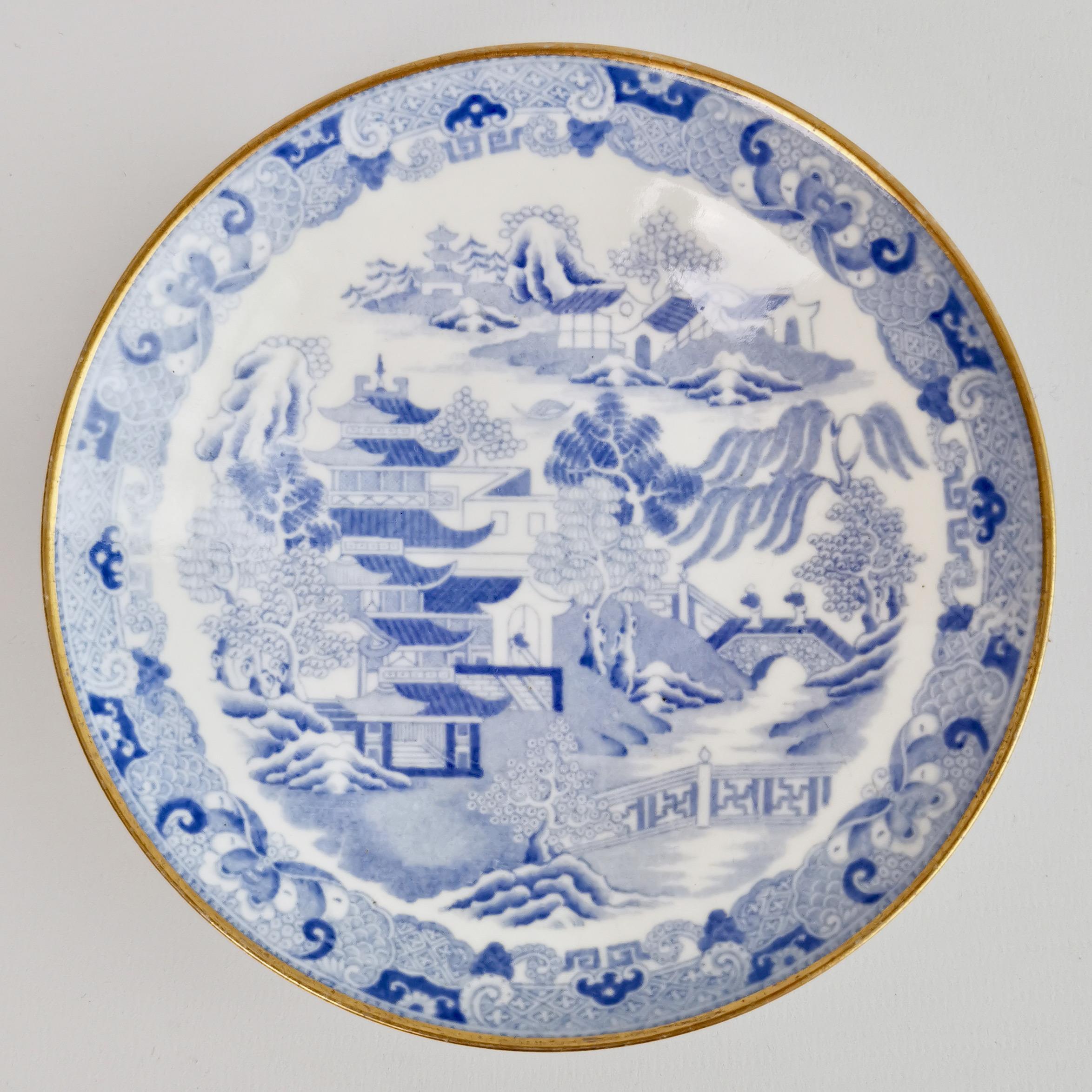 Early 19th Century Spode Porcelain Teacup Trio, Brosely Pagoda Blue and White Transfer, ca 1815