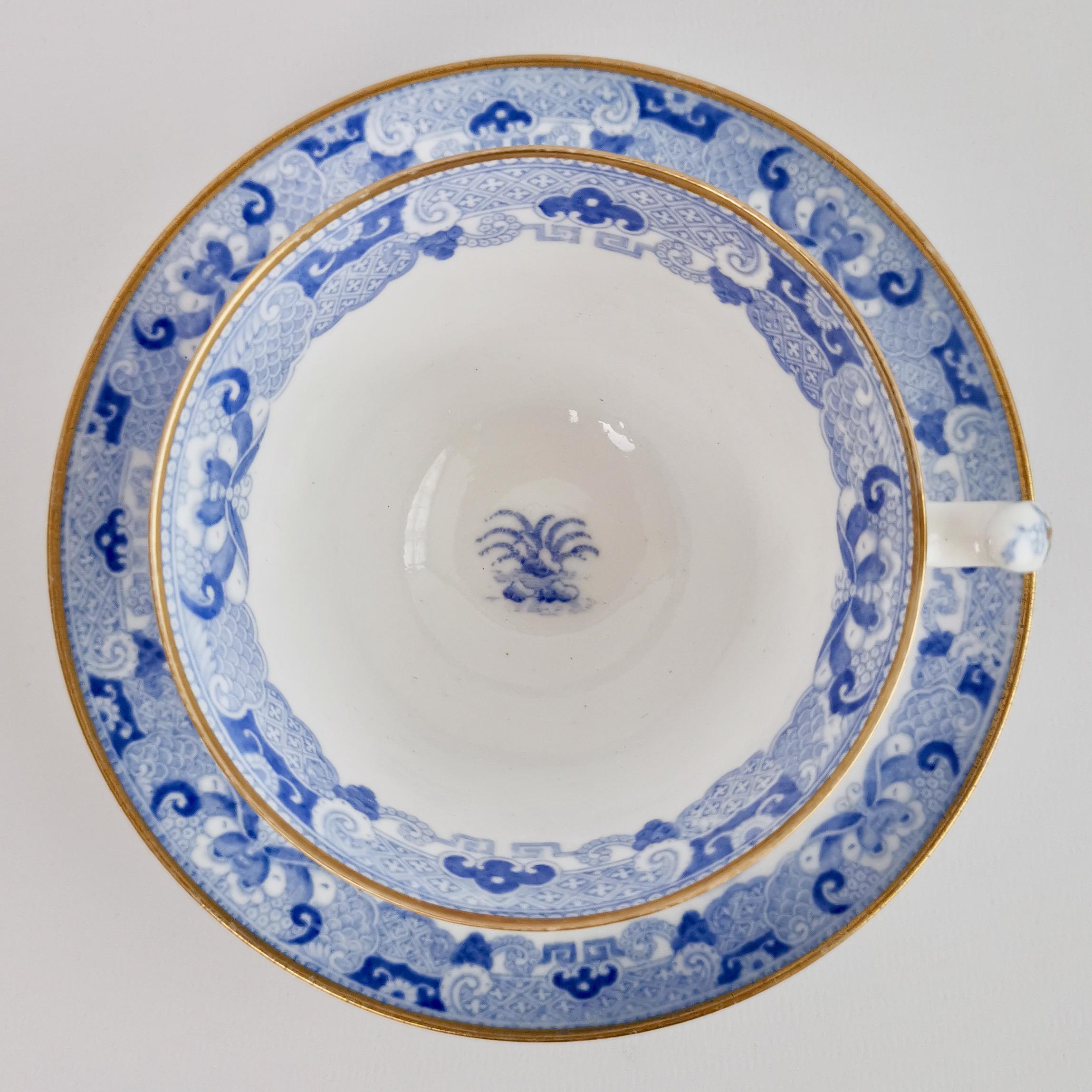 Spode Porcelain Teacup Trio, Brosely Pagoda Blue and White Transfer, ca 1815 1