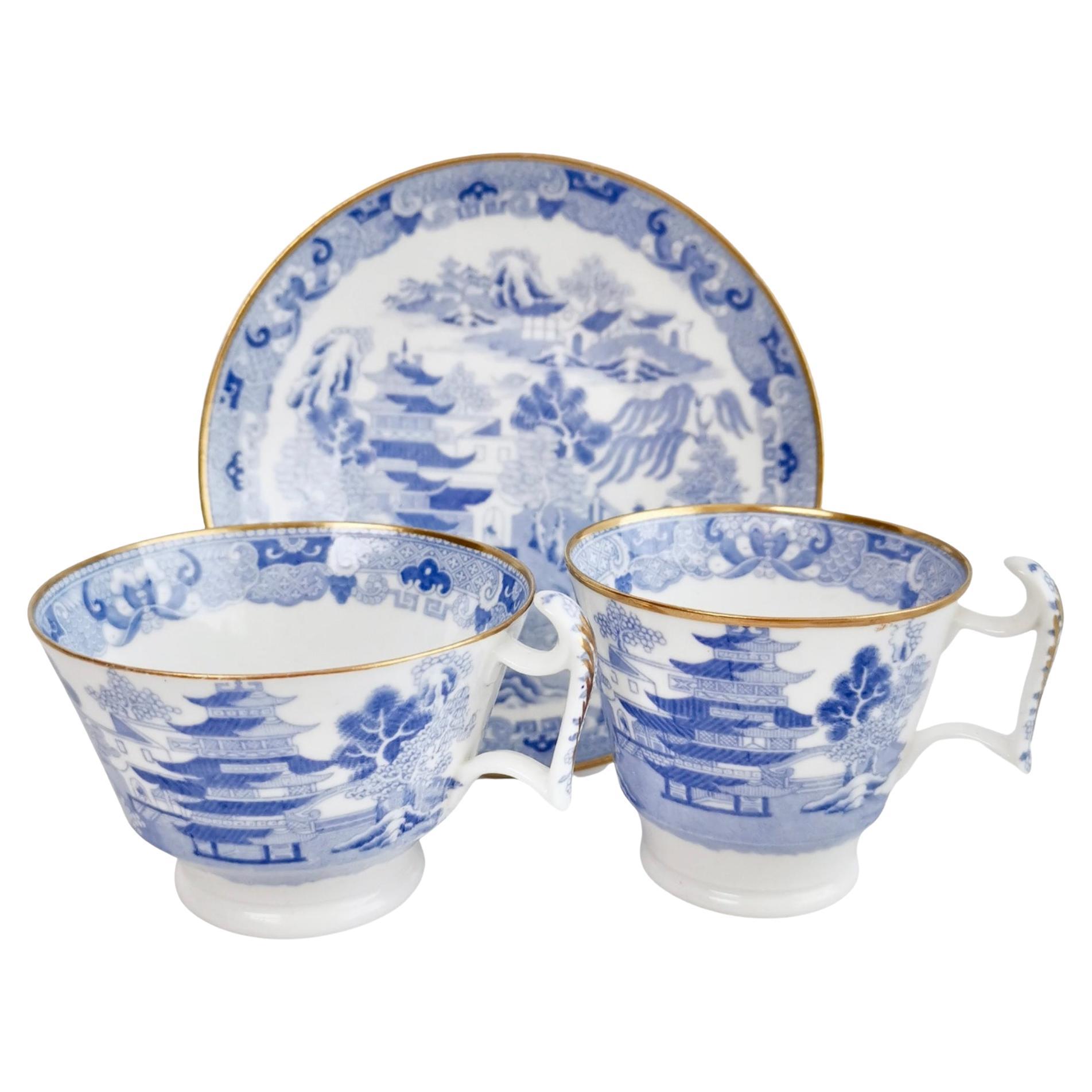 Spode Porcelain Teacup Trio, Brosely Pagoda Blue and White Transfer, ca 1815