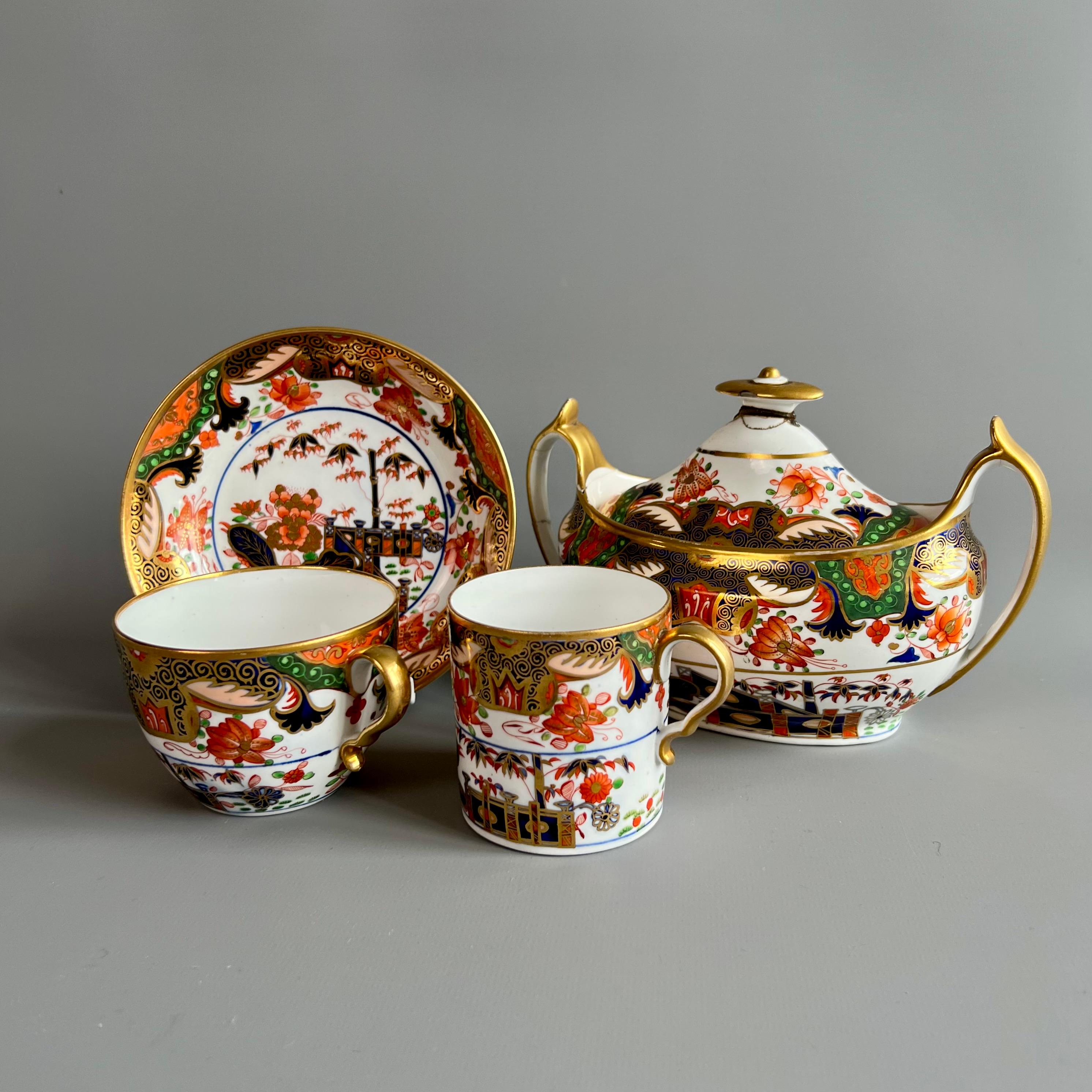 This is a beautiful true trio made by Spode around 1810. The set is decorated in the famous Imari Tobacco Leaf pattern 967. In the early 19th Century, cups and saucers were sold as 