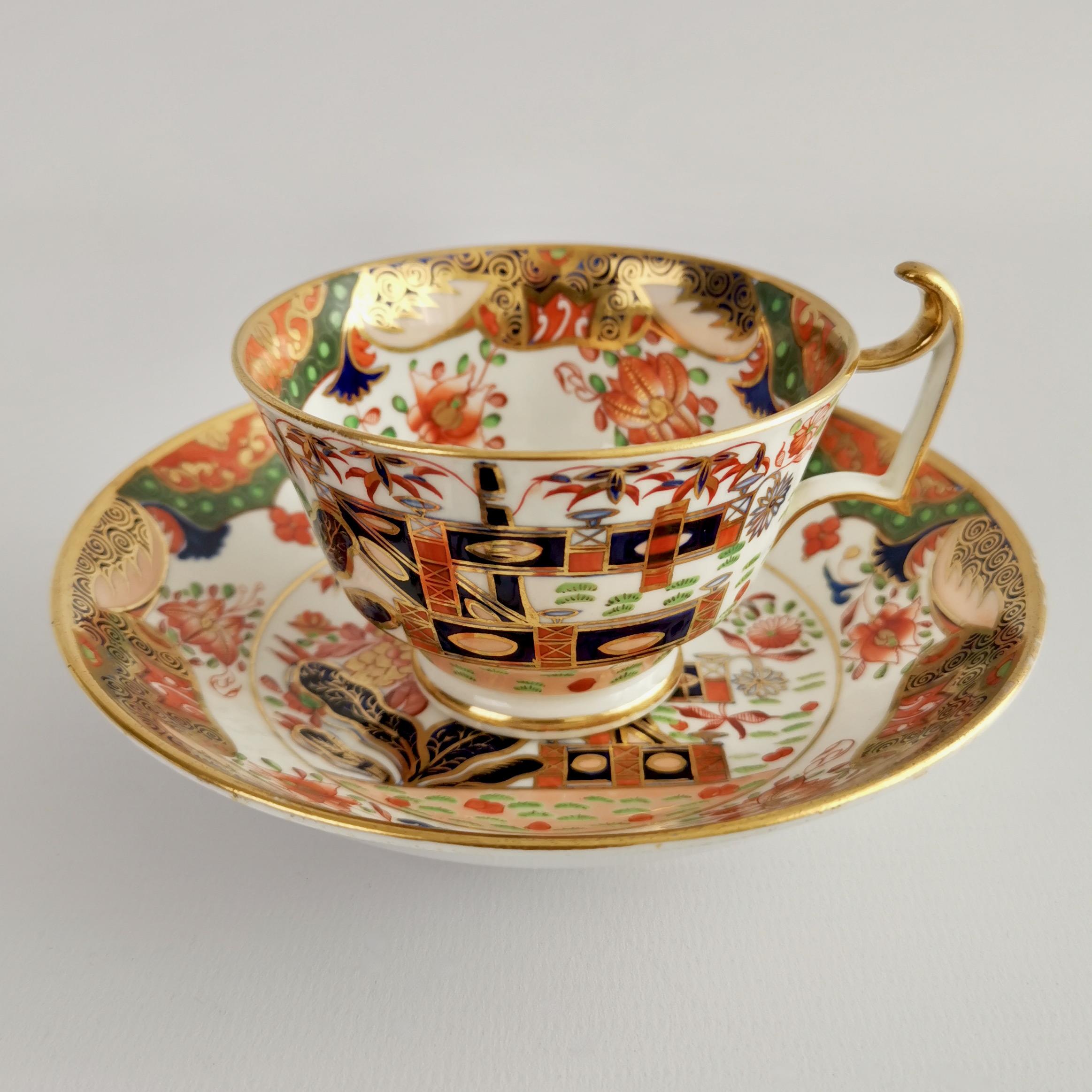 This is a beautiful true trio made by Spode around 1815. The set is decorated in the famous Imari Tobacco Leaf pattern 967. In the early 19th Century, cups and saucers were sold as 