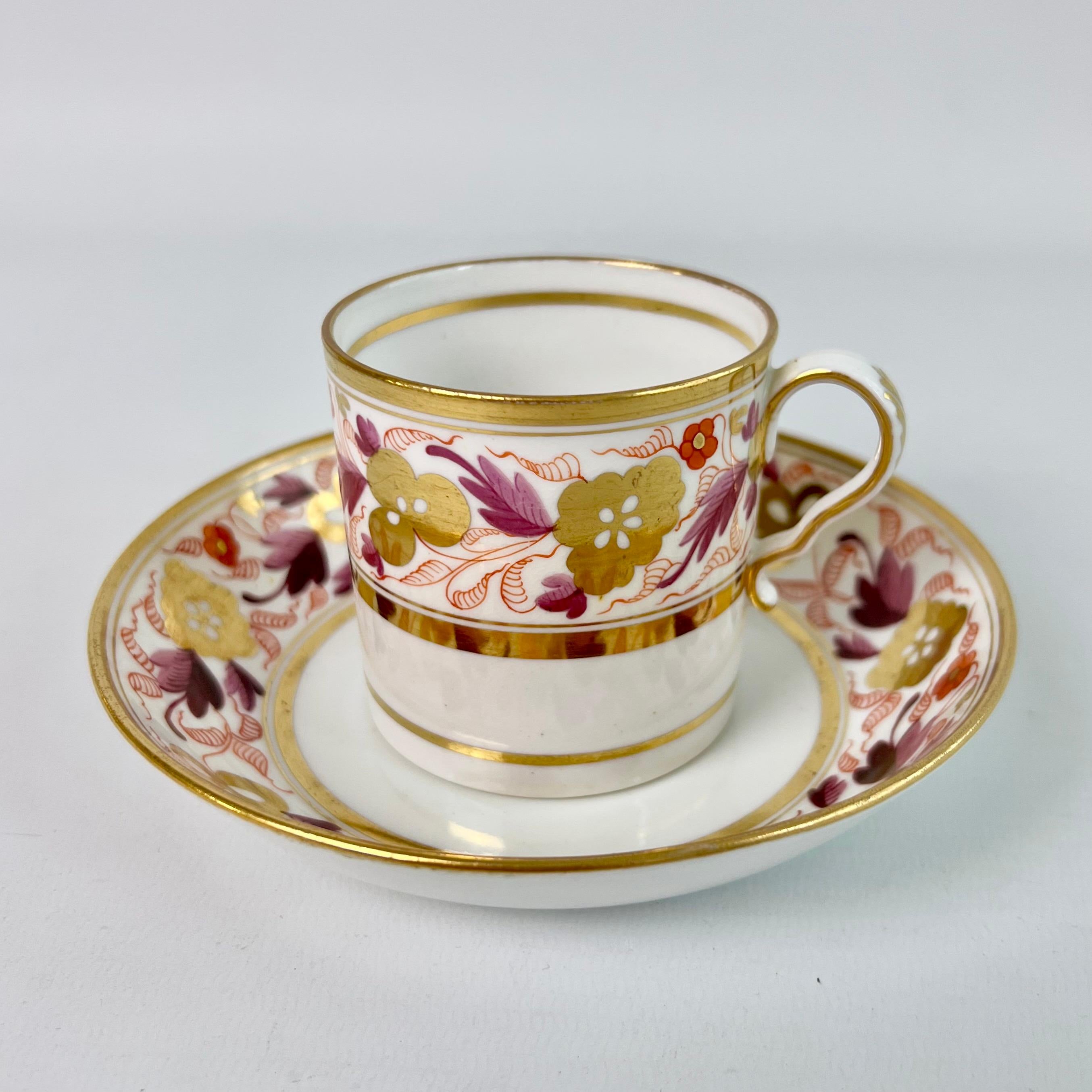 Regency Spode Porcelain Teacup Trio, Puce and Gilt Floral Pattern, Neoclassical ca 1810
