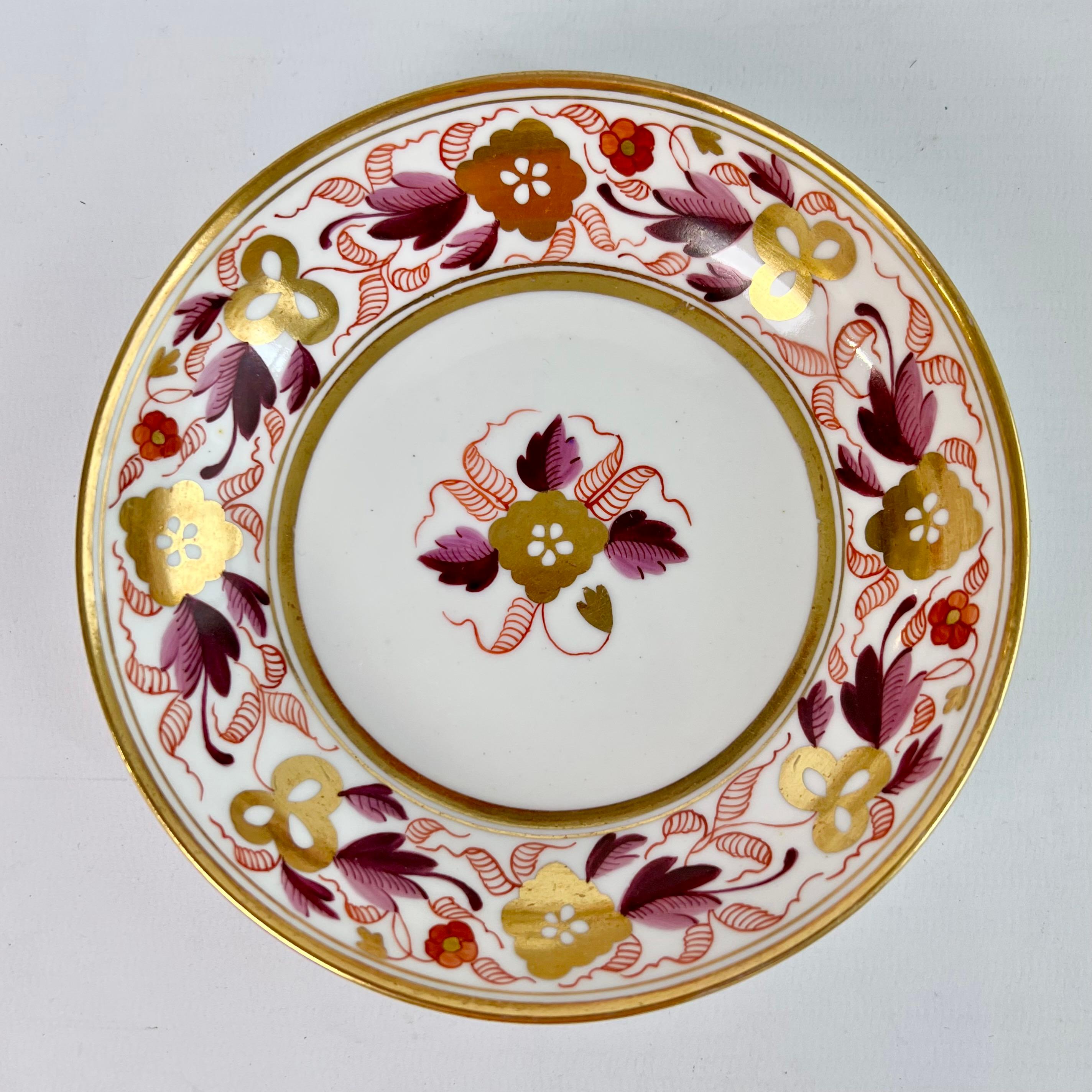 English Spode Porcelain Teacup Trio, Puce and Gilt Floral Pattern, Neoclassical ca 1810