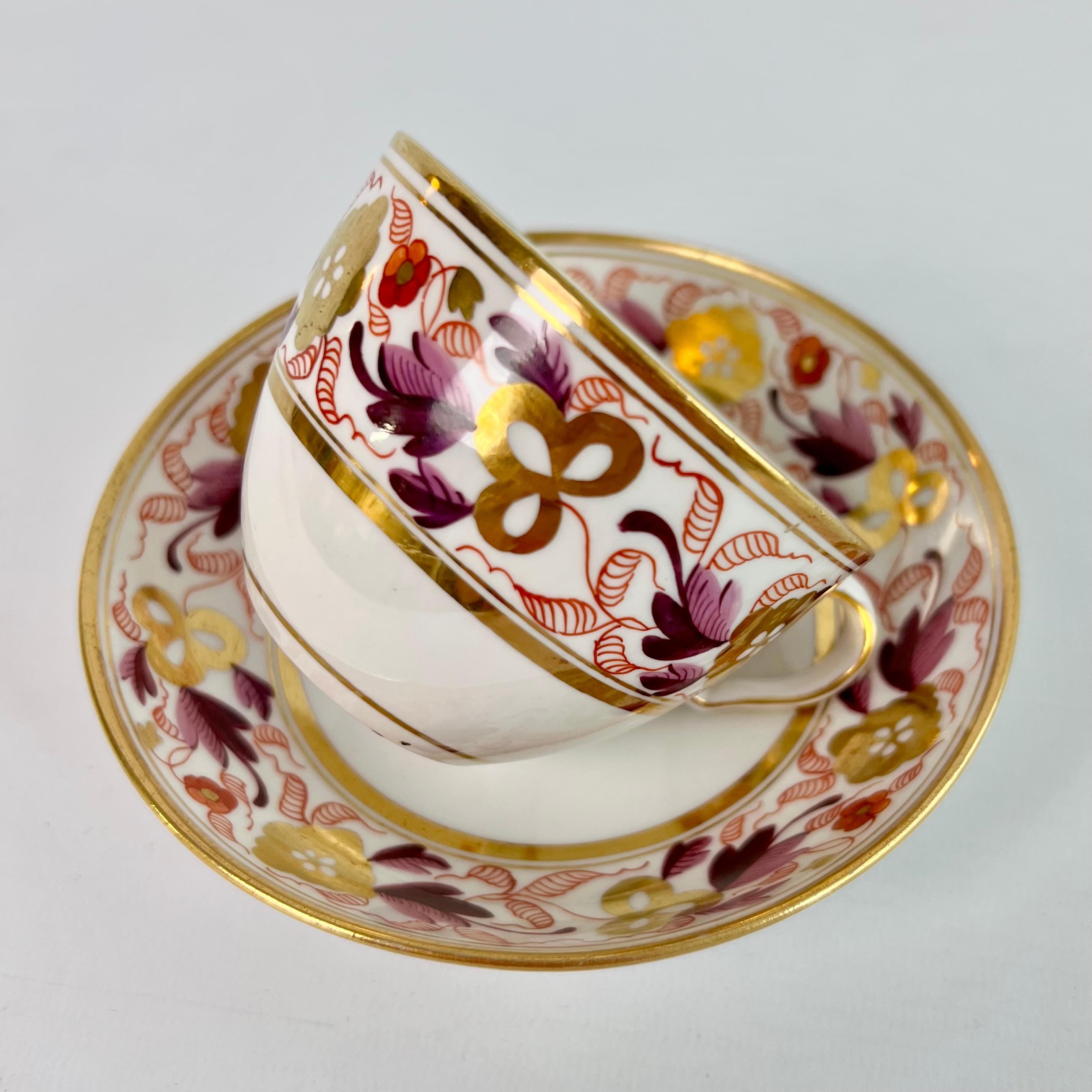 Hand-Painted Spode Porcelain Teacup Trio, Puce and Gilt Floral Pattern, Neoclassical ca 1810