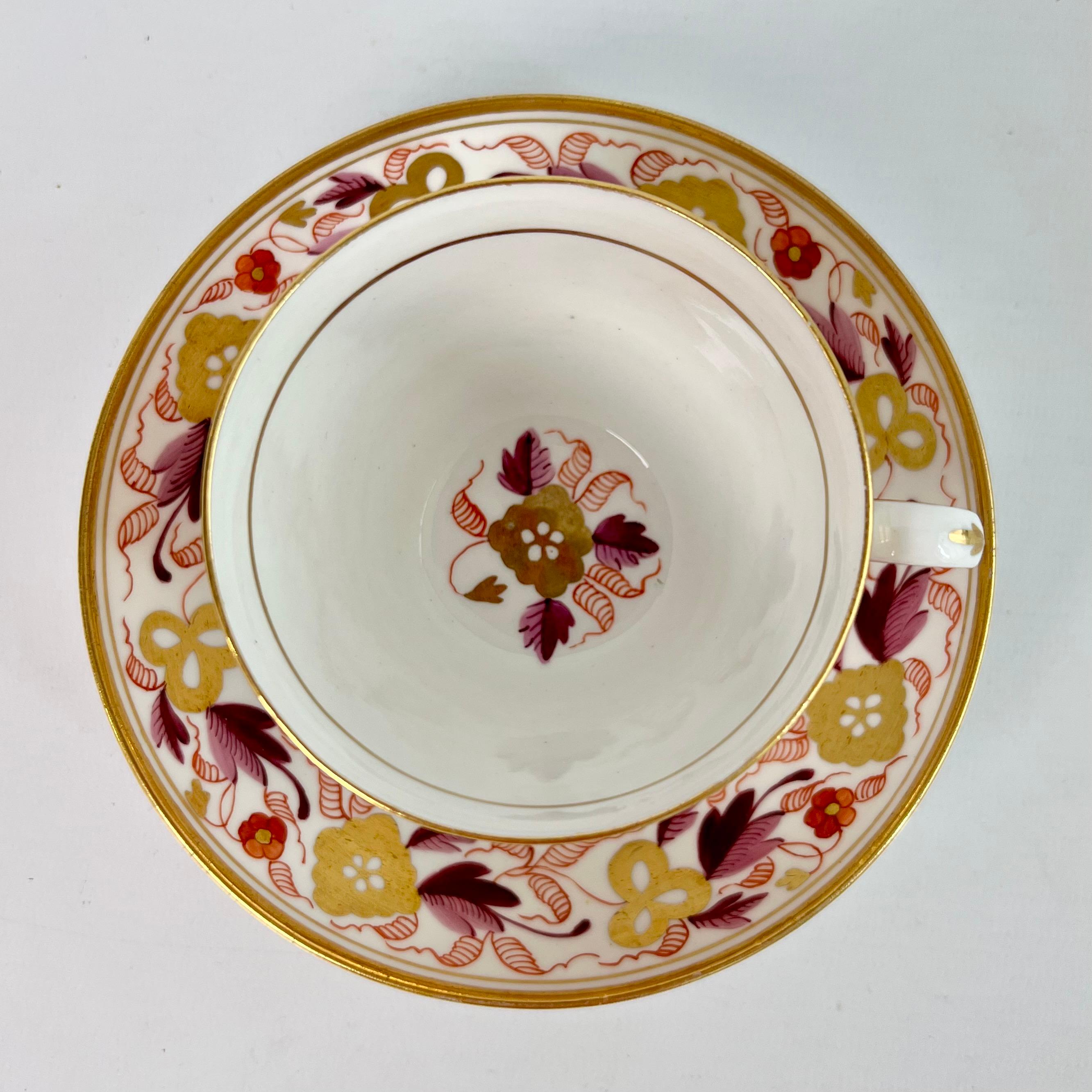 Spode Porcelain Teacup Trio, Puce and Gilt Floral Pattern, Neoclassical ca 1810 1